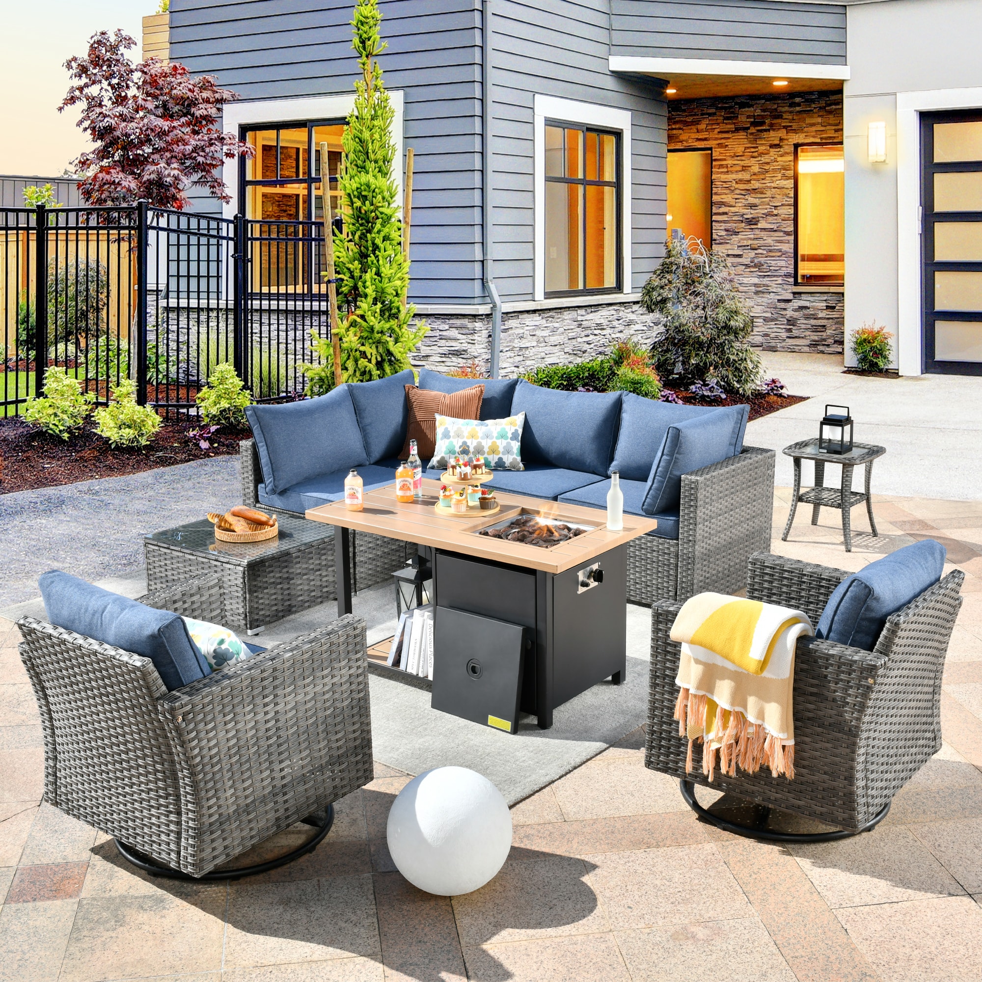 XIZZI XIHOP30M5FP Sunrise 6 -Piece Wicker Patio Sofa Conversation Set with Blue Cushions