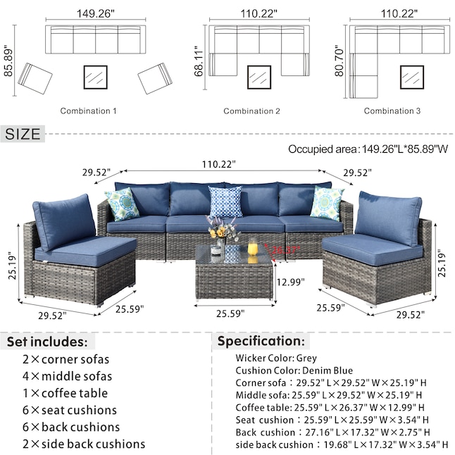 XIZZI Libra 6-Piece Rattan Patio Conversation Set with Blue Cushions in ...