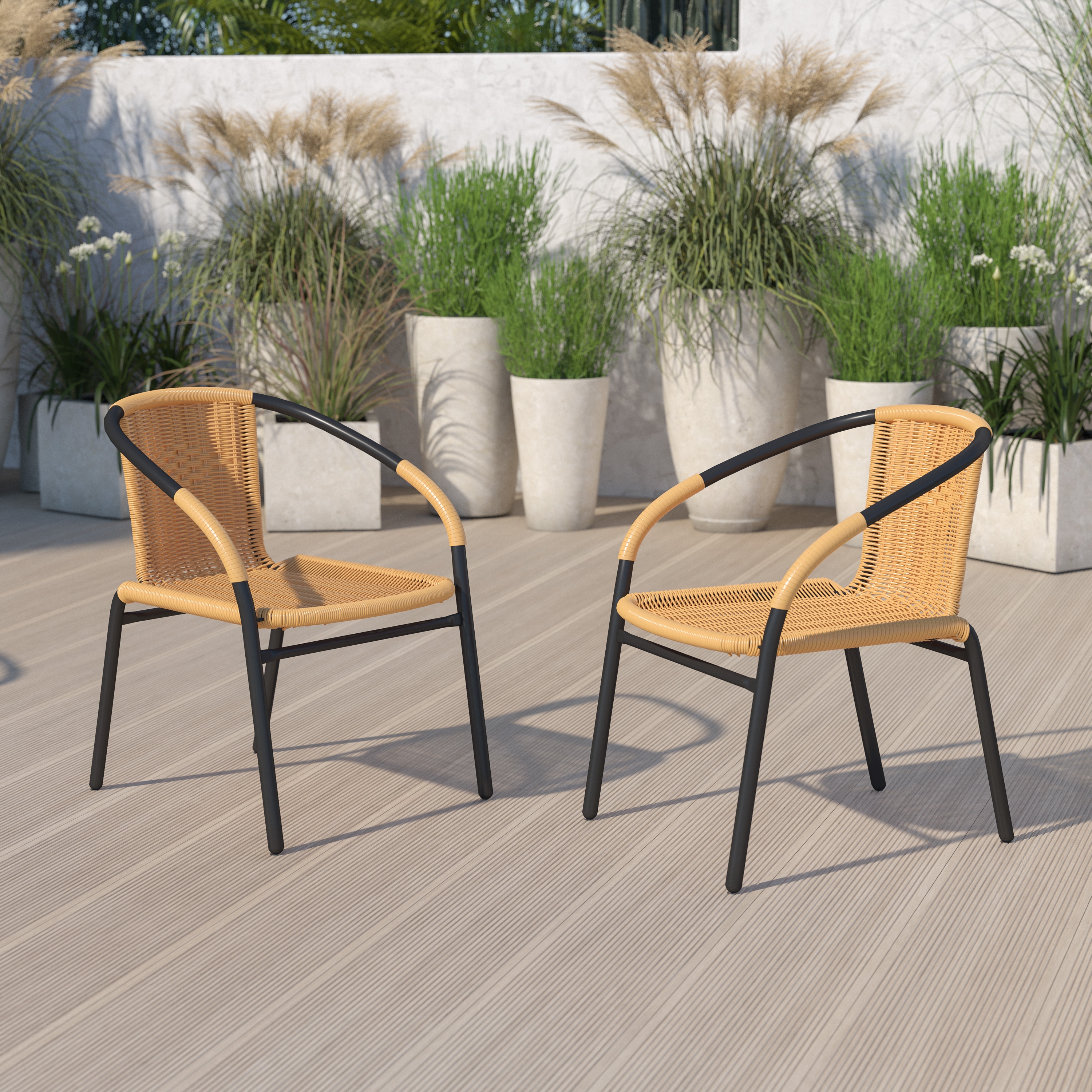 Beige Rattan and Black Steel Patio Dining Chairs, Set of 2
