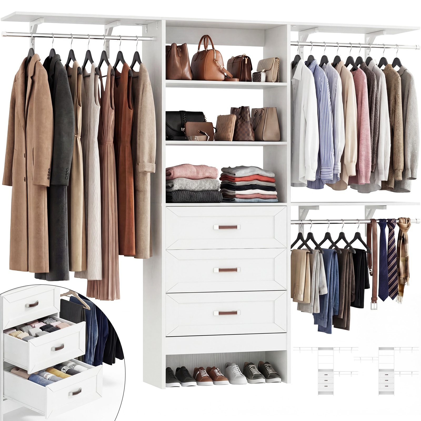 Aheaplus  8FT Closet System with 3 Drawers Wooden Walk-in Closet Organizer