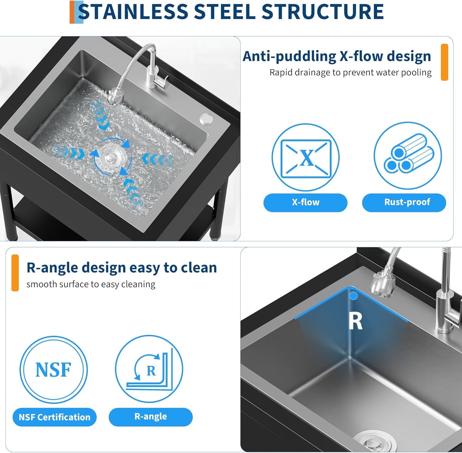 Qeetex SC-W546F420 Powder Coated Commercial Stainless Steel Utility Sink 26 Inch Black Rust Resistant with Hot Cold Faucet for Outdoor