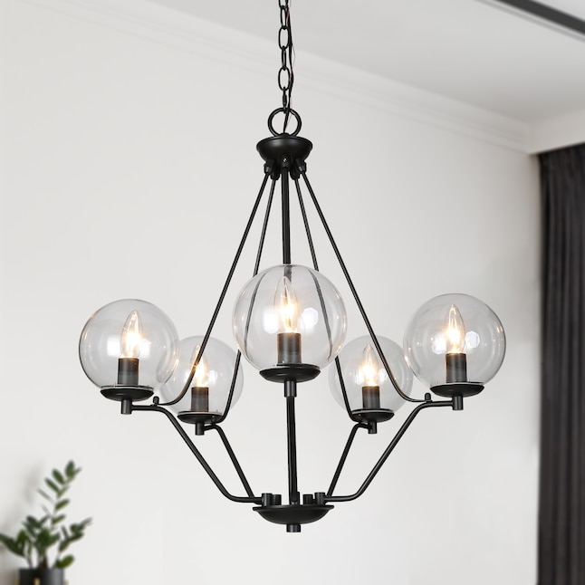 Matte Black And Clear Glass Globe, 5 Light Glass Chandelier