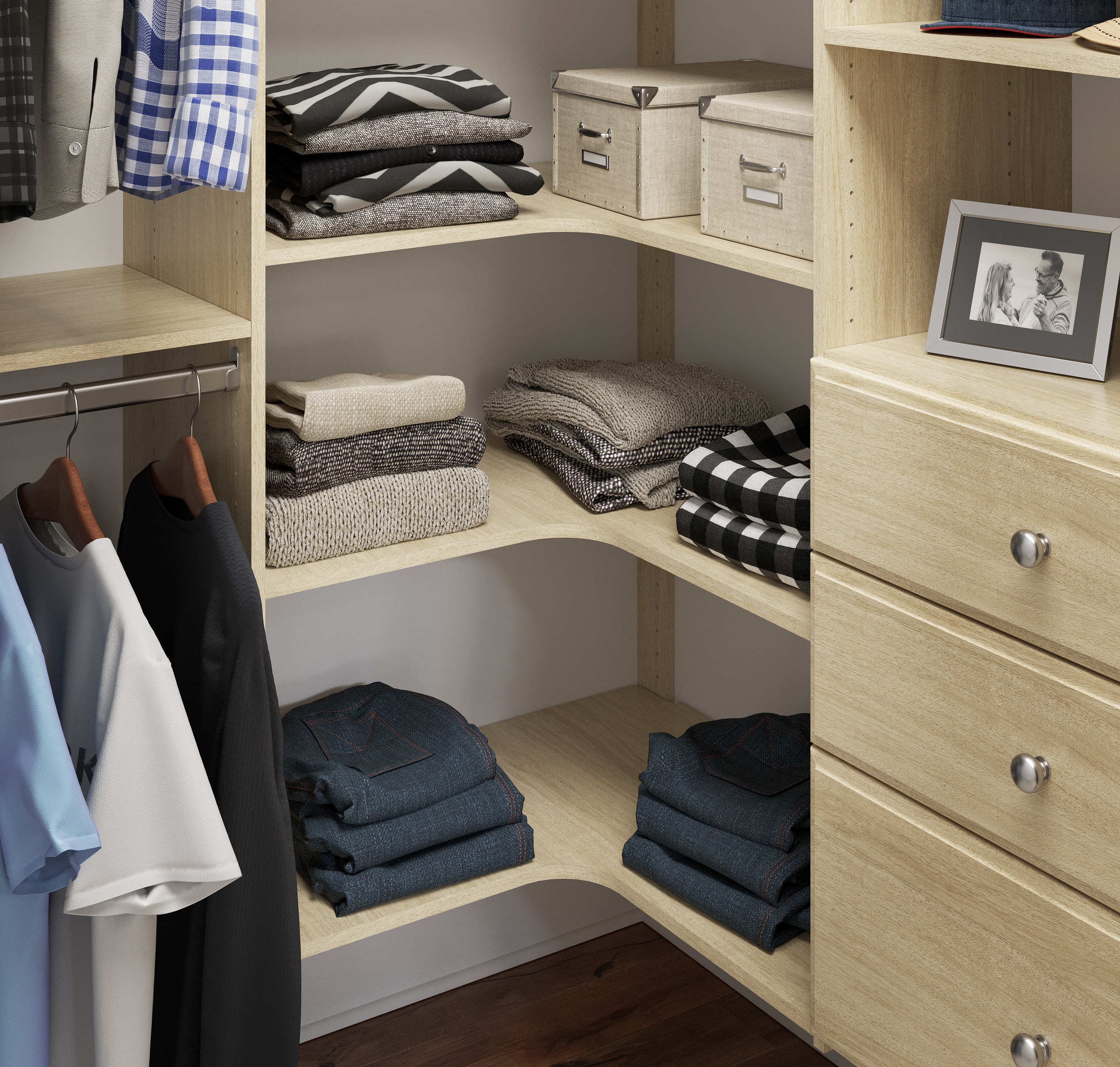 Corner Tower Closet Storage Wall Mounted Wardrobe Organizer Kit System with  Shelves, Honey Blonde