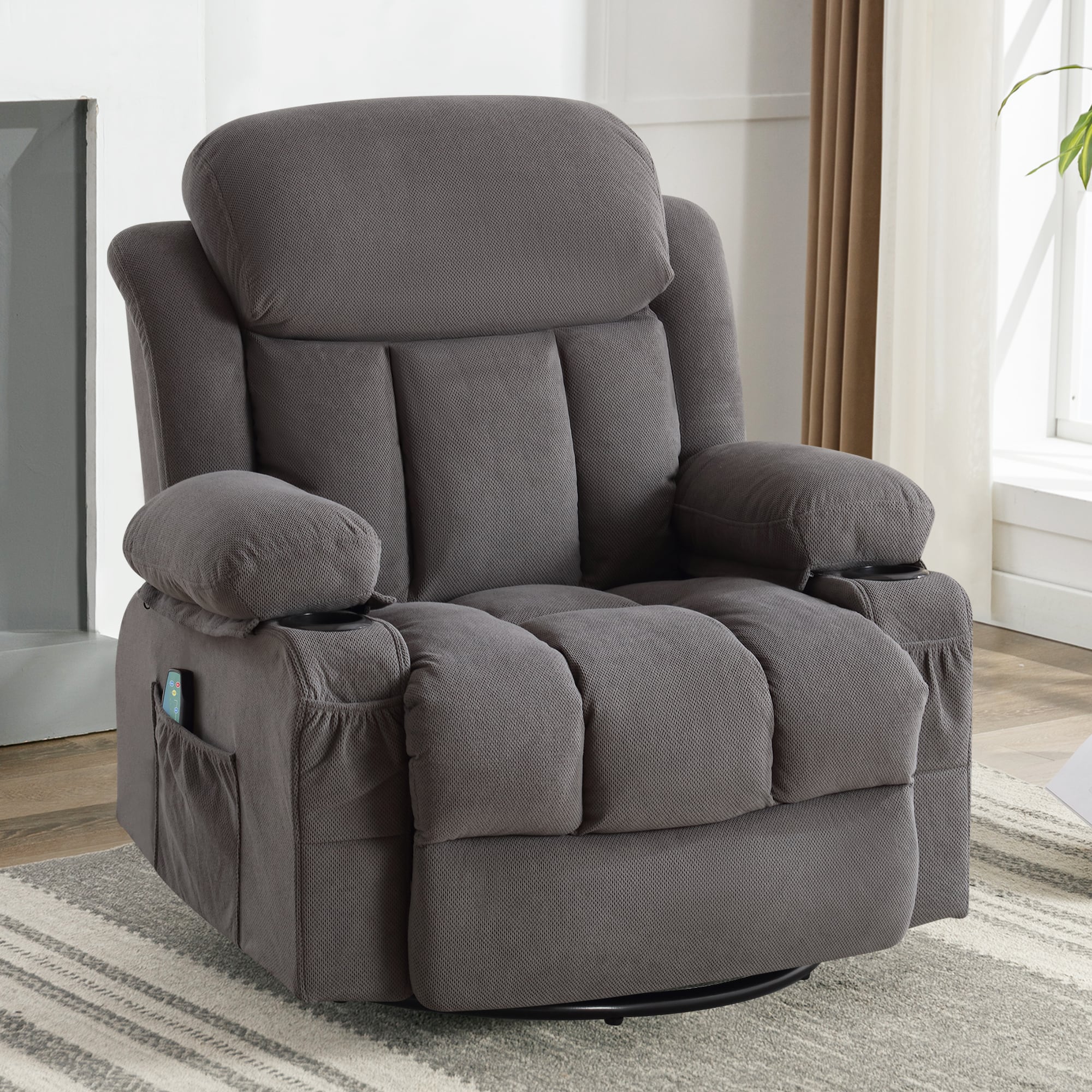 Mondawe OR-22AAV-US Massage and Lumbar Heat Recliner Gray Velvet Upholstered Swivel Massage chair