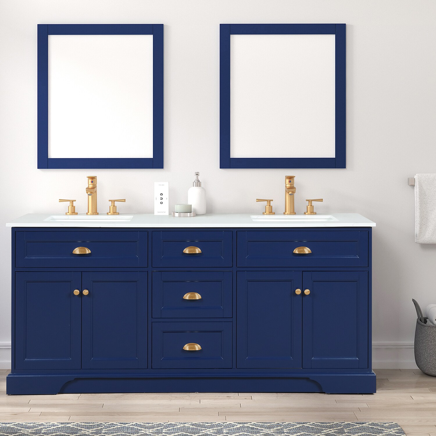 Eviva Navy 72 inch Deep Blue Bathroom Vanity with White Carrera Counter-top  and Double White Undermount Porcelain Sinks