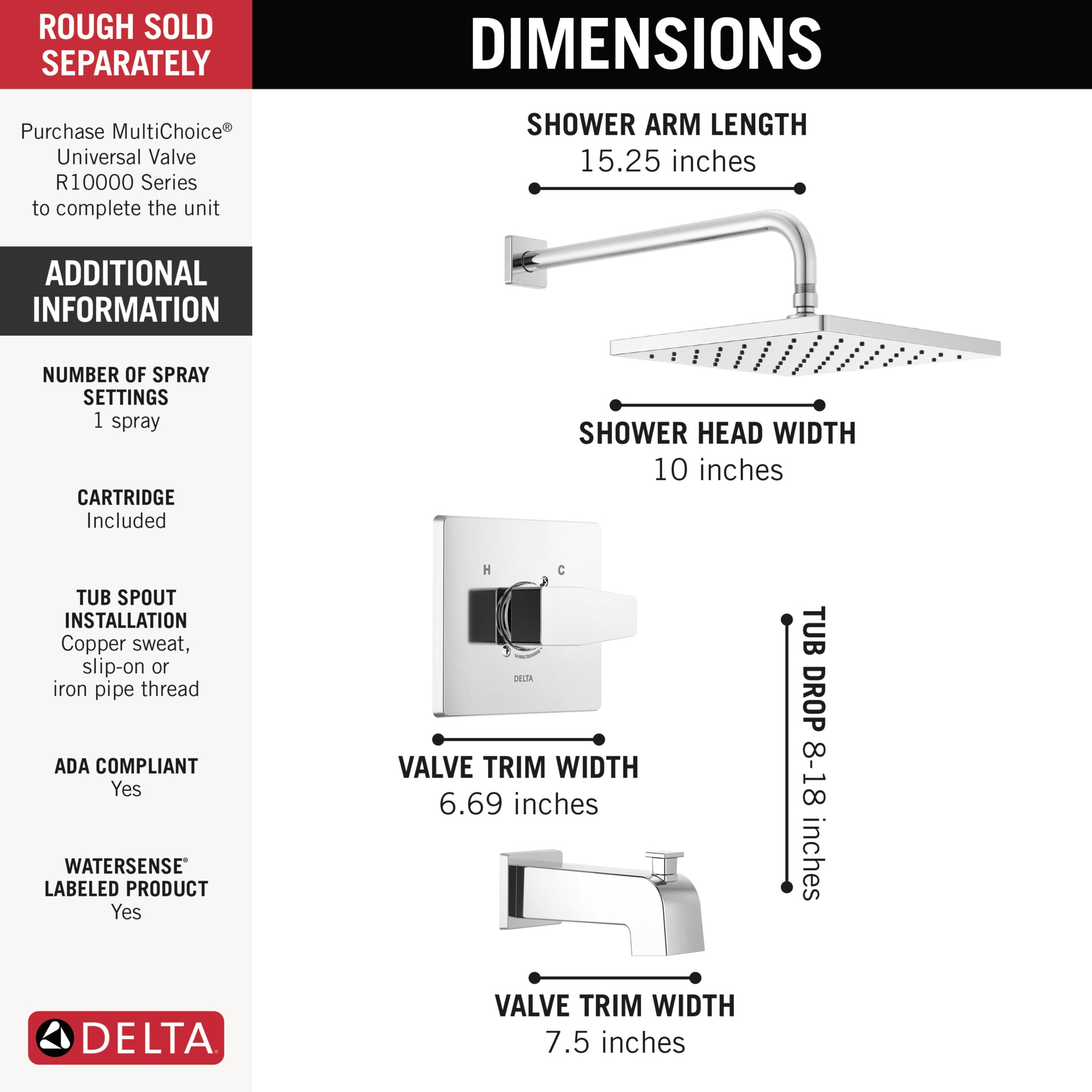 Chrome Square Multi-Head Rain Shower and Tub Faucet Set