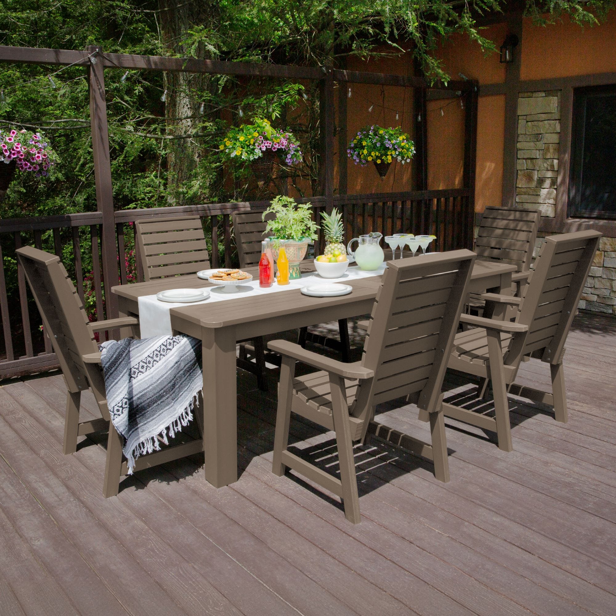 highwood AD-ST7WL1CO5AA-WBR Weatherly 7 -Piece Woodland Brown Patio Dining Set Plastic Rectangle Table with 6 Stationary Chairs