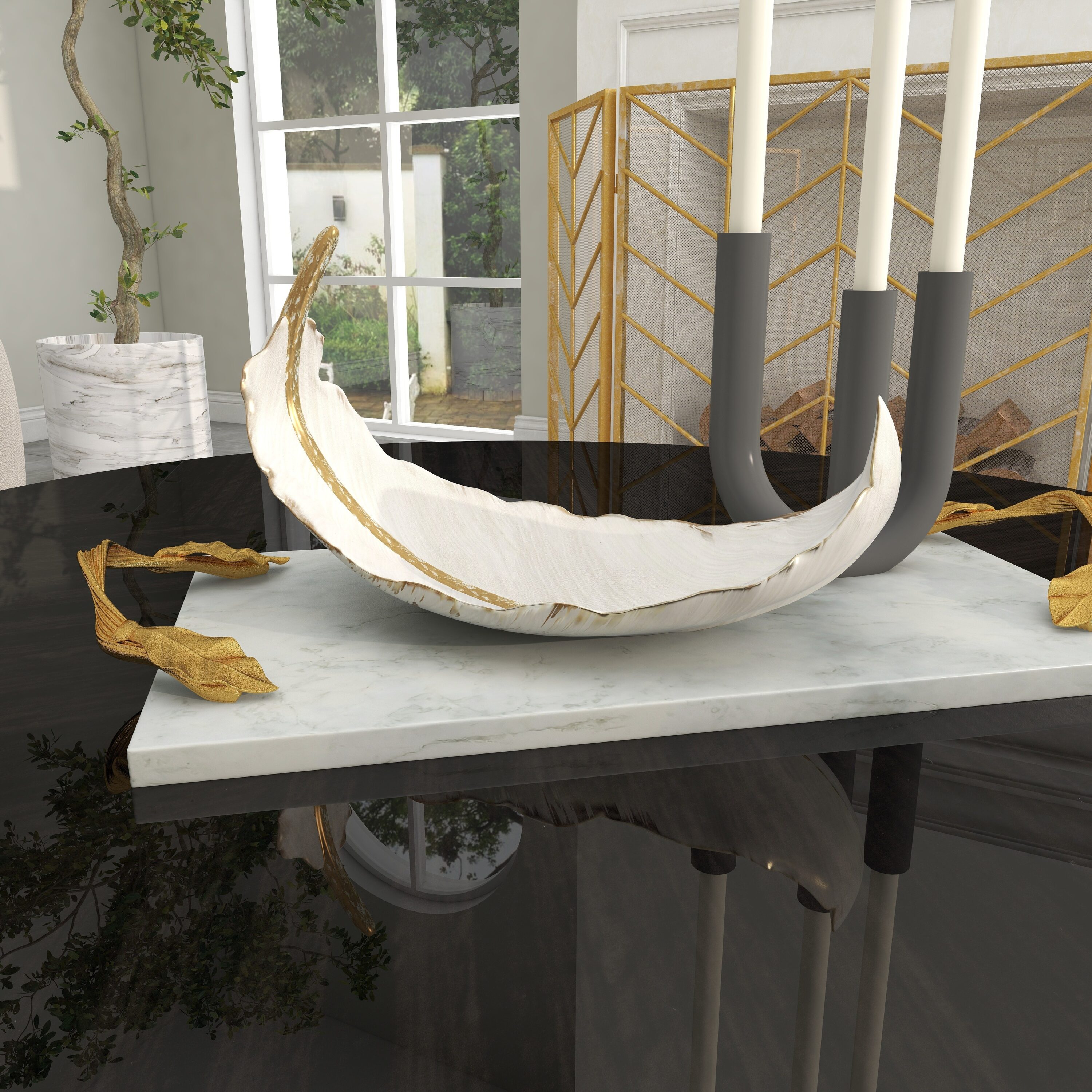 Elegant Oval White and Gold Polystone Feather Decorative Bowl