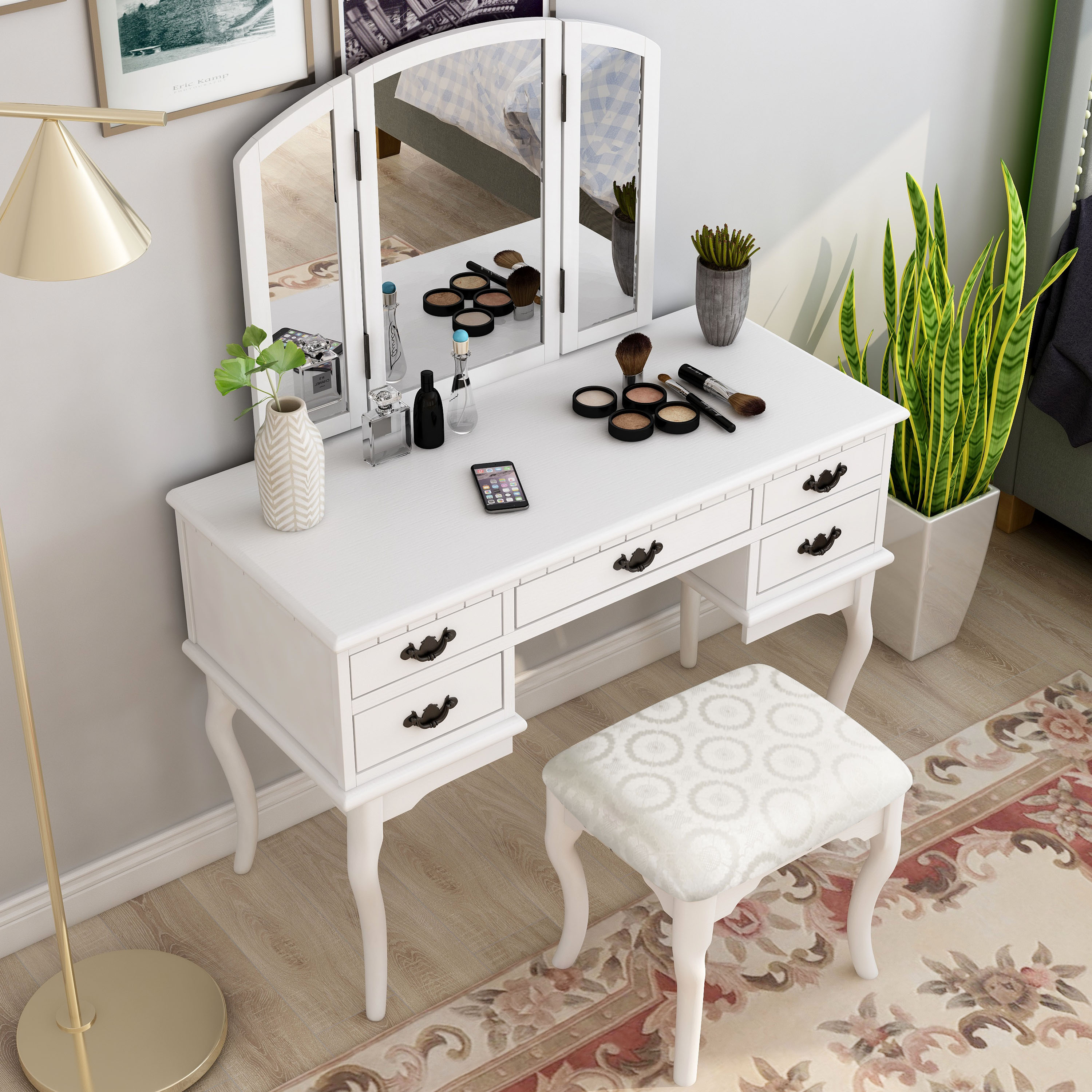 Makeup Vanity Set With Mirror And Stool