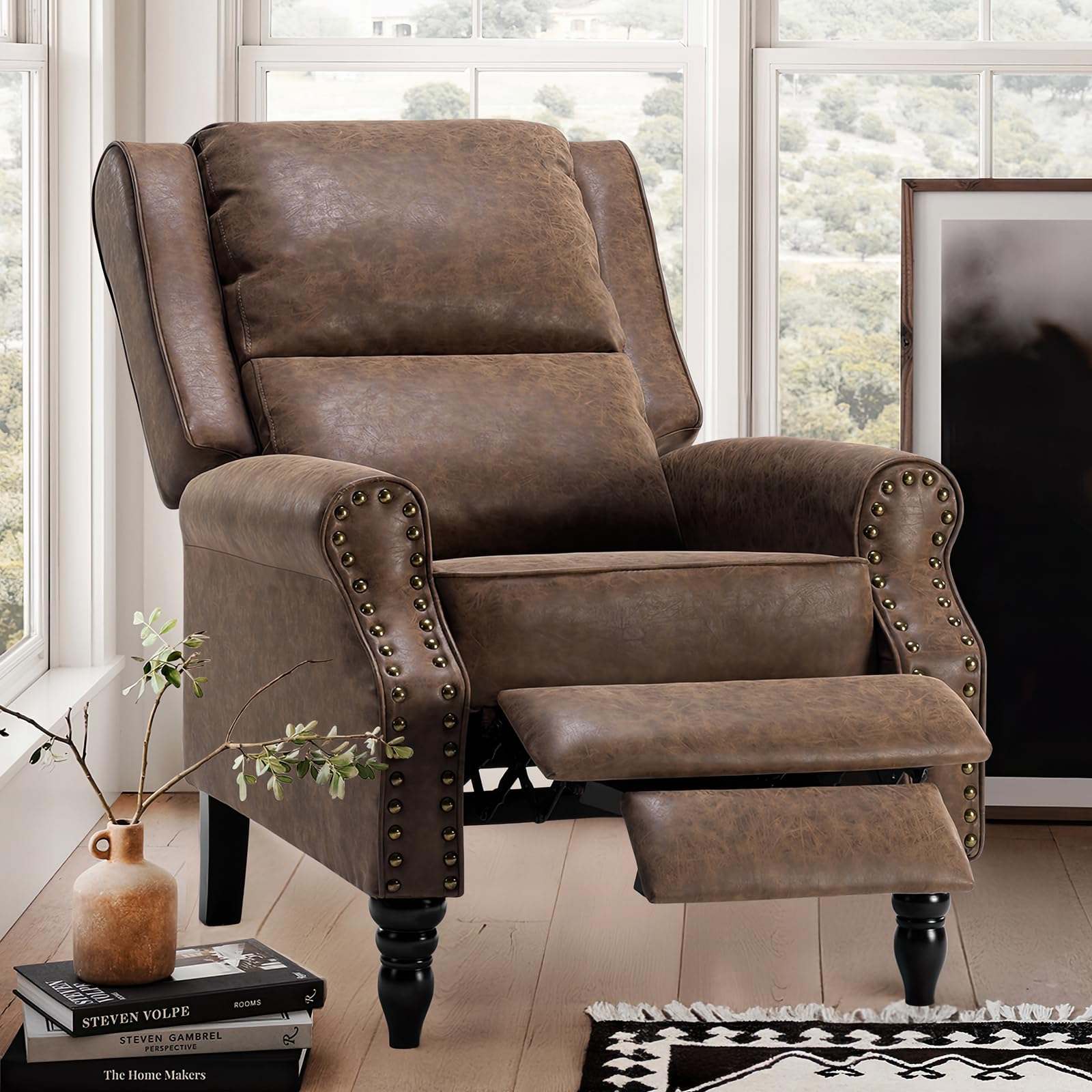 REIBII Faux Leather Pushback Recliner Chair Vintage Modern Style 300 lbs Capacity No-Tools Assembly