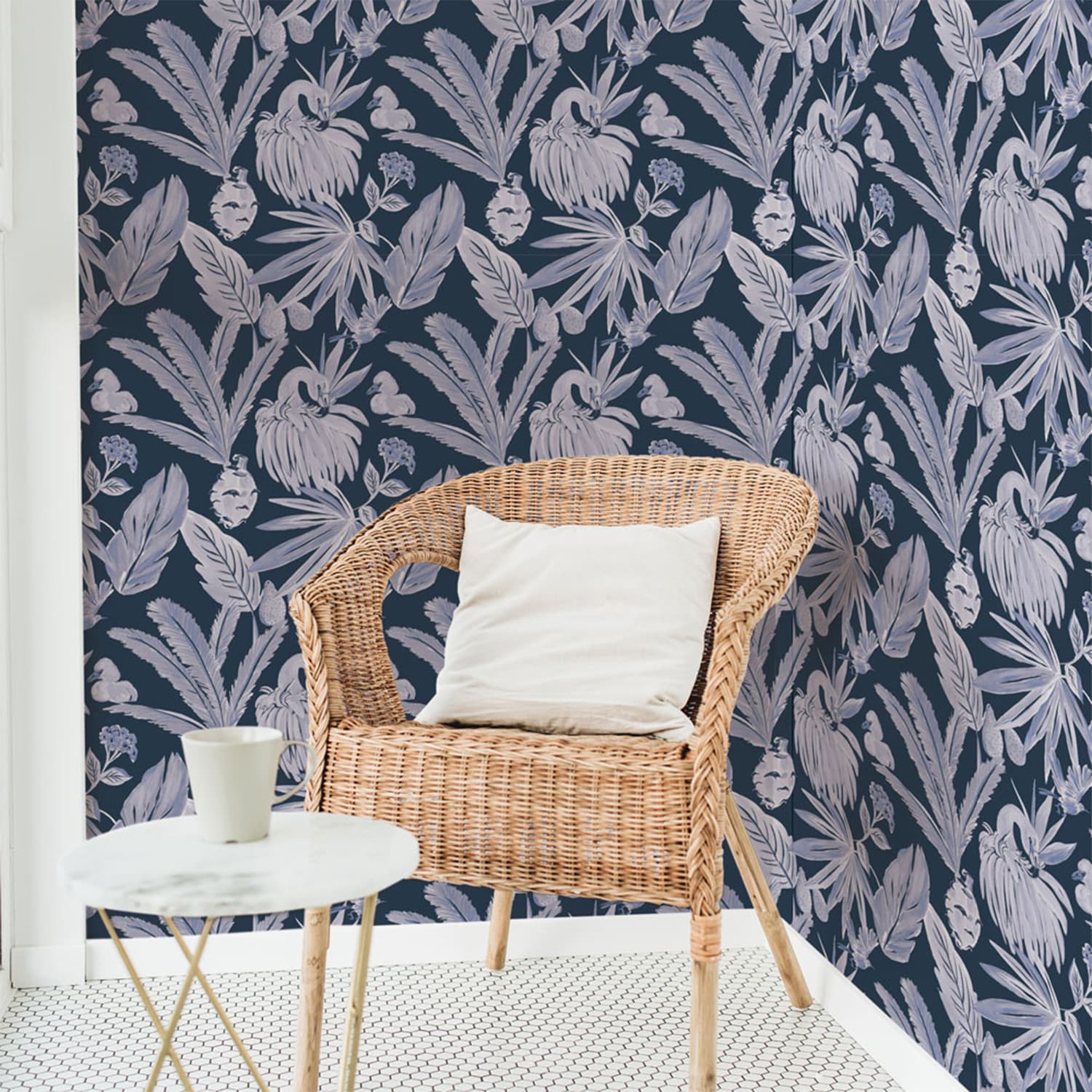 Navy Blue Tropical Flamingo Peel and Stick Wallpaper