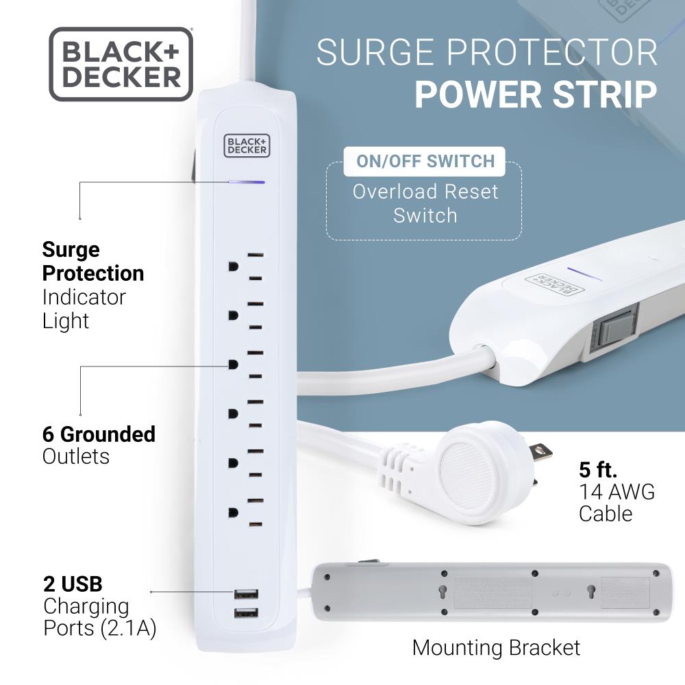 Black+decker 6 Grounded Outlets Surge Protector Wall Mount with Sleek Power Adapter Tap (2-Pack)