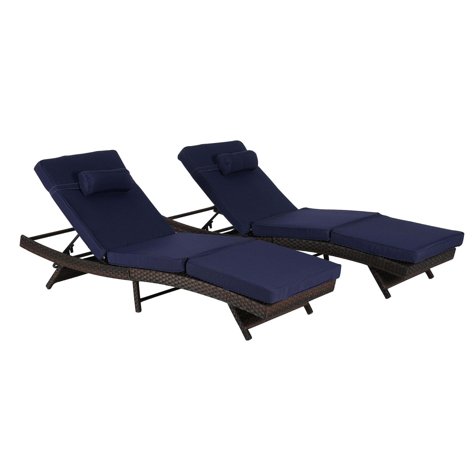 SINOFURN SYB670037NY Set of 2 Wicker Brown Wicker Frame Stationary Recliner Chair with Blue Cushioned Seat