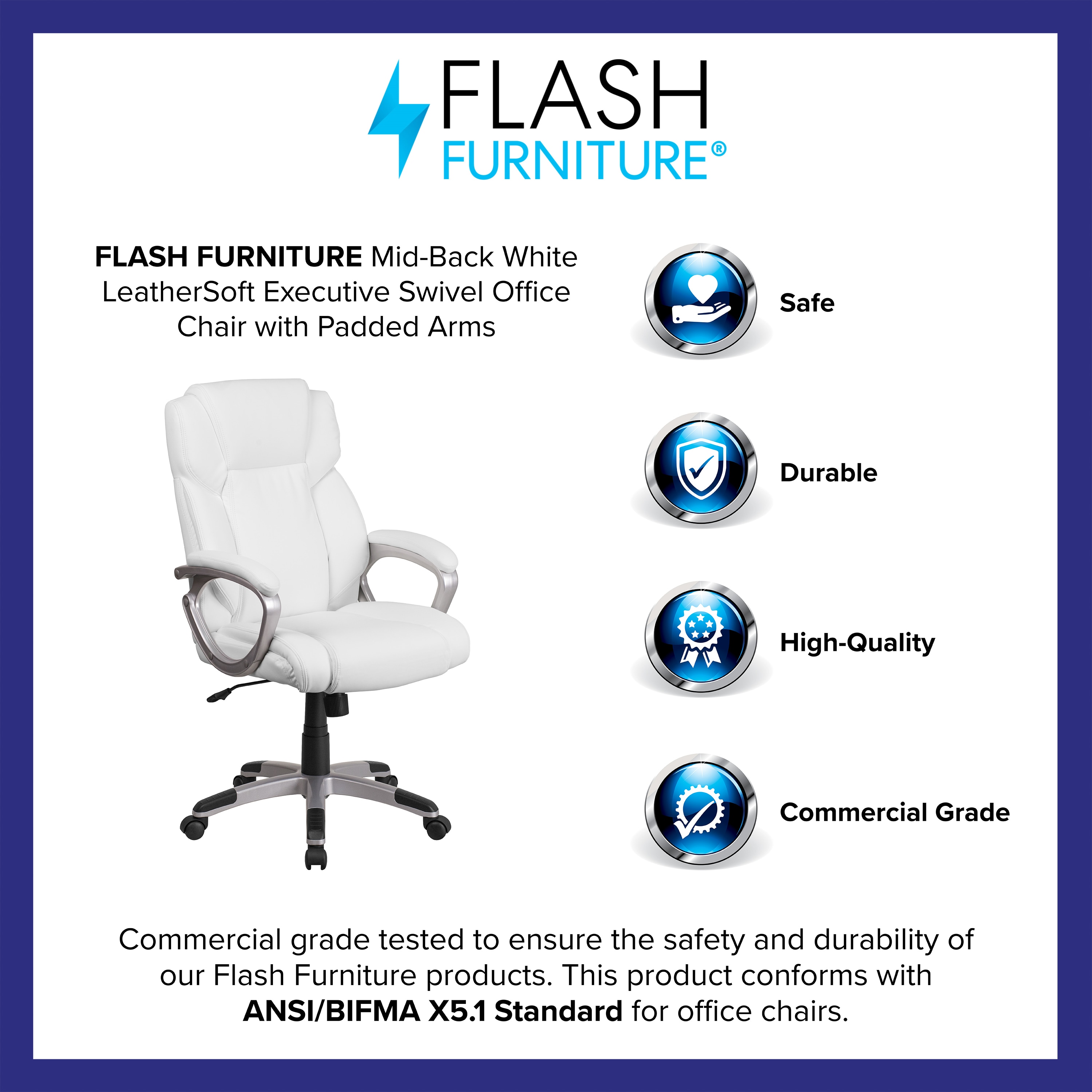 Elegant White LeatherSoft Mid-Back Swivel Office Chair with Padded Arms