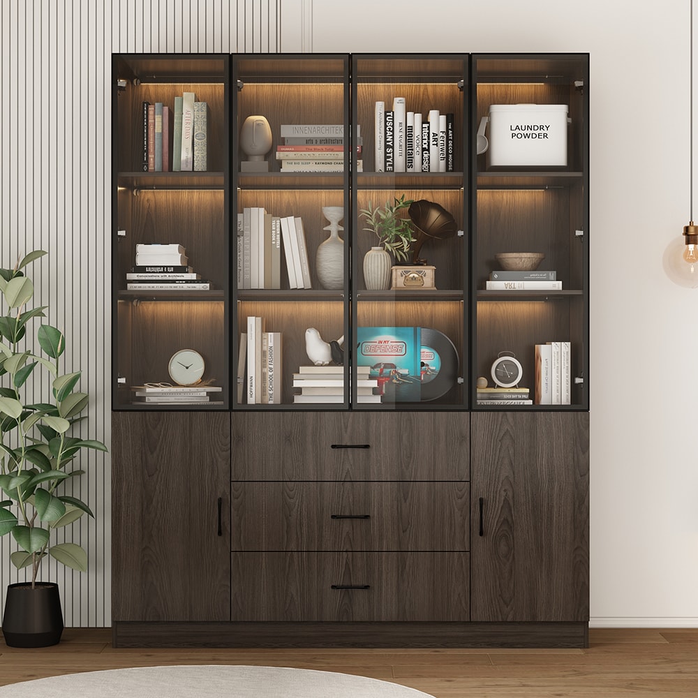 Homsee V-KF020463-012 Tall 6-Door Display Cabinet Organizer with Drawers Glass Doors and LED Lights Wood Grain Storage Sideboard with Aluminum Frame for Kitchen 63''L x 15.7''W x 78.7''H Brown