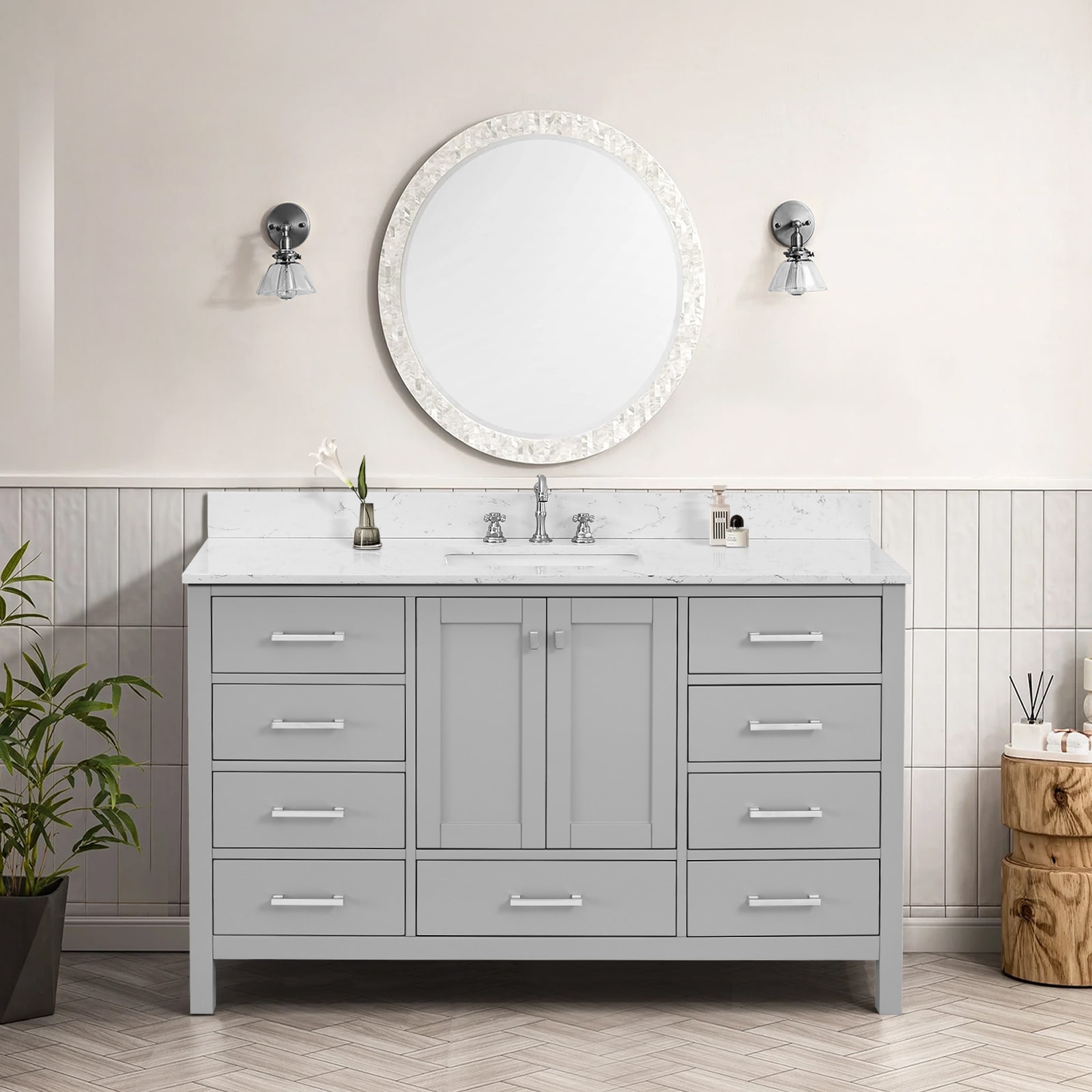 Forclover - Solid Wood Frame Bathroom Vanity 54-in Gray Undermount Single Sink Bathroom Vanity wi...