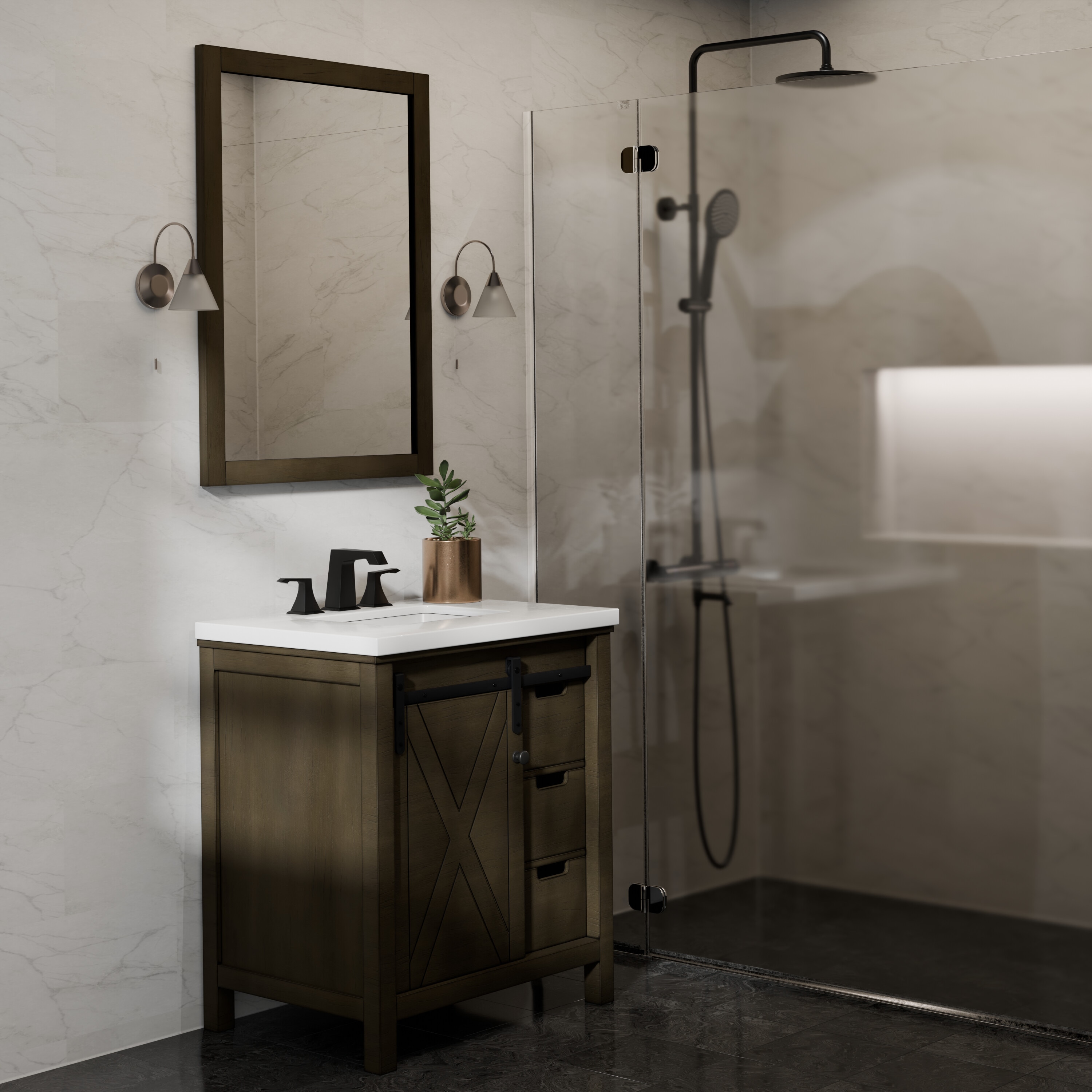 Lexora LM342230SK00M28 Marsyas 30-in Rustic Brown Bathroom Vanity Base Cabinet without Top (Mirror Included)
