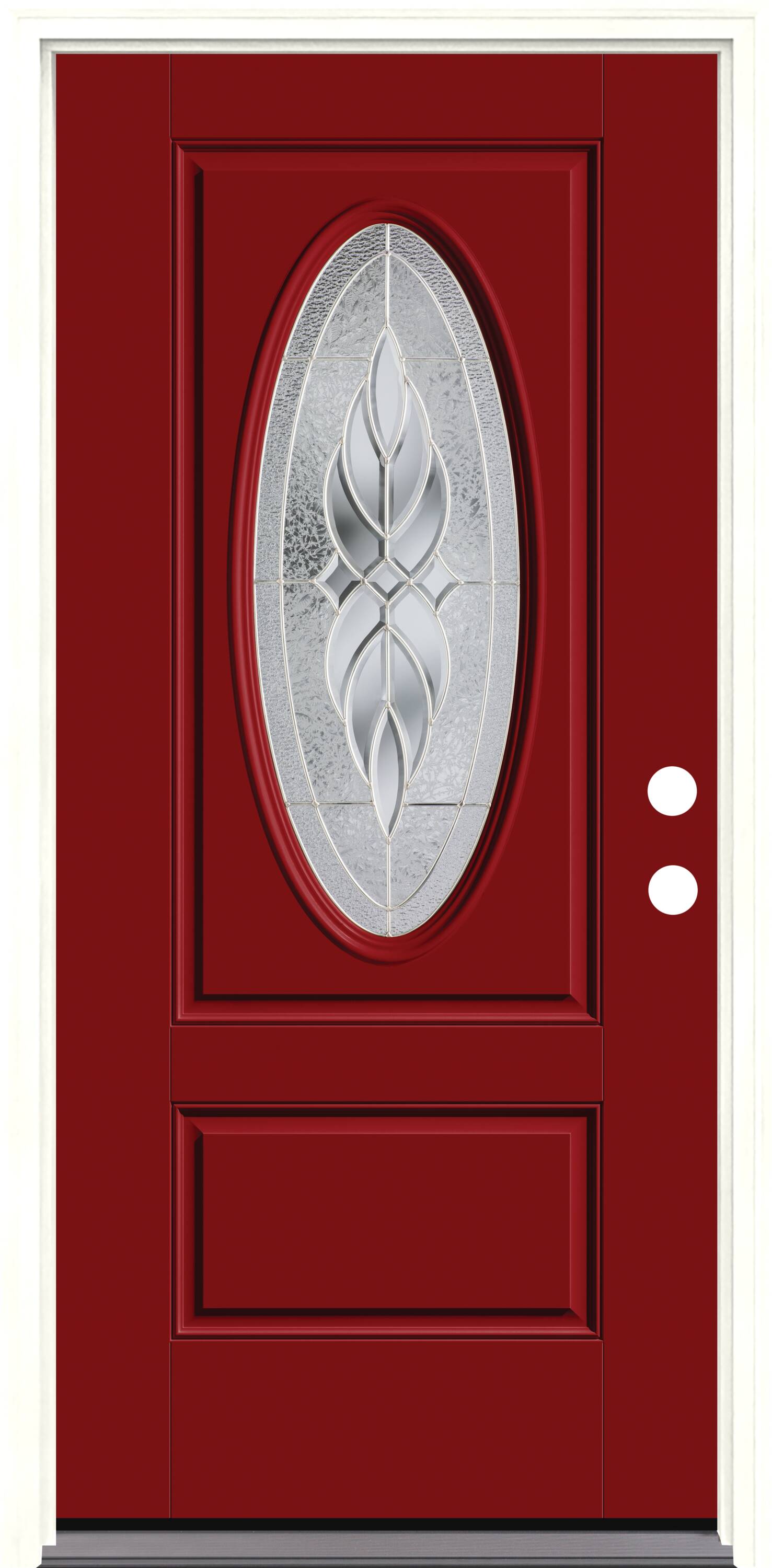 Therma-Tru Benchmark Doors TTB641572SOS Varissa Entry Door 36-in x 80-in x 6-9/16-in Fiberglass Oval lite Left-hand inswing Real Red Painted Prehung Front Door with Brickmould Insulating core