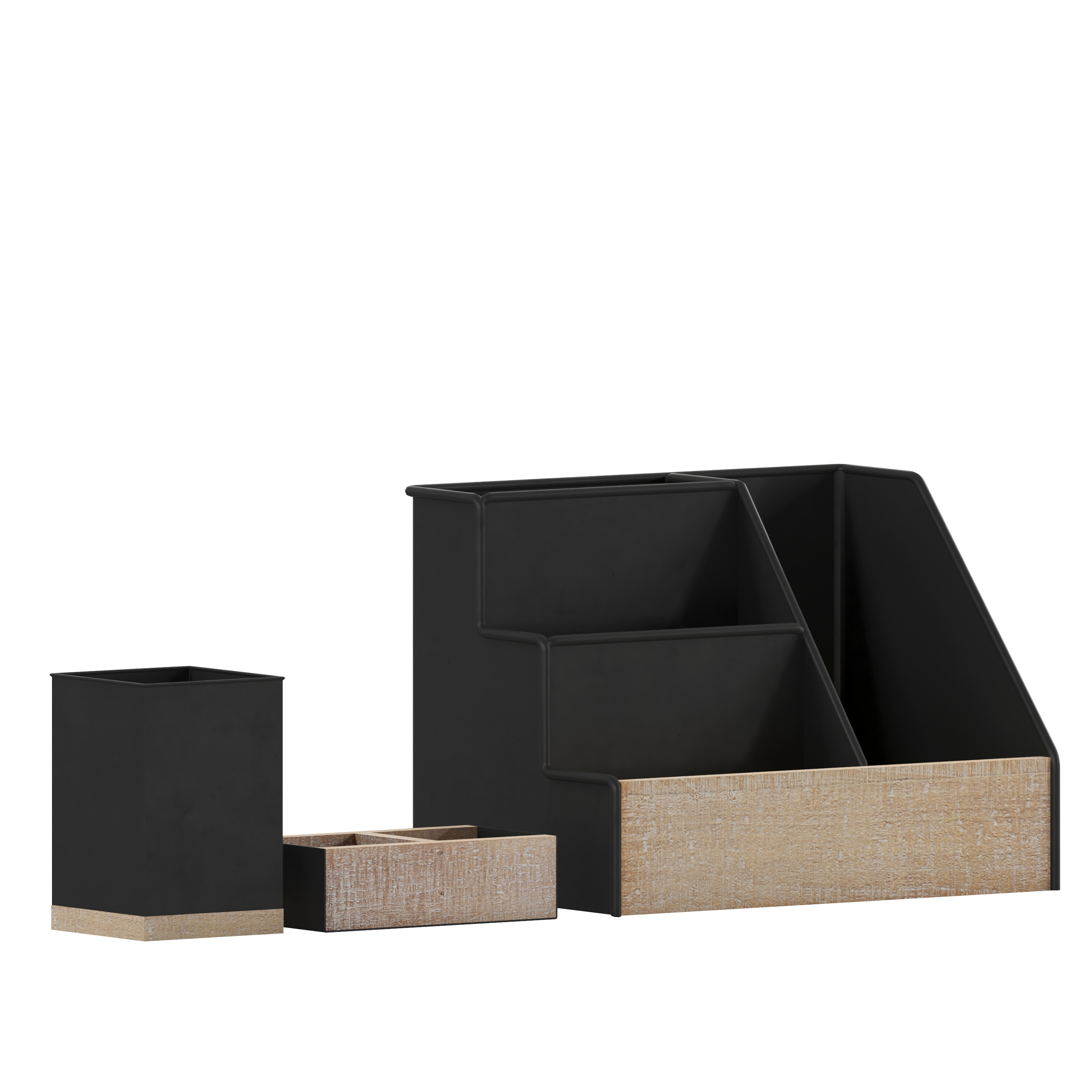 Merrick Lane Cecil 3 Piece Desk Organizer Set for Desktop; Countertop; or Vanity in Black Finished Metal and Rustic Wood #196861037801