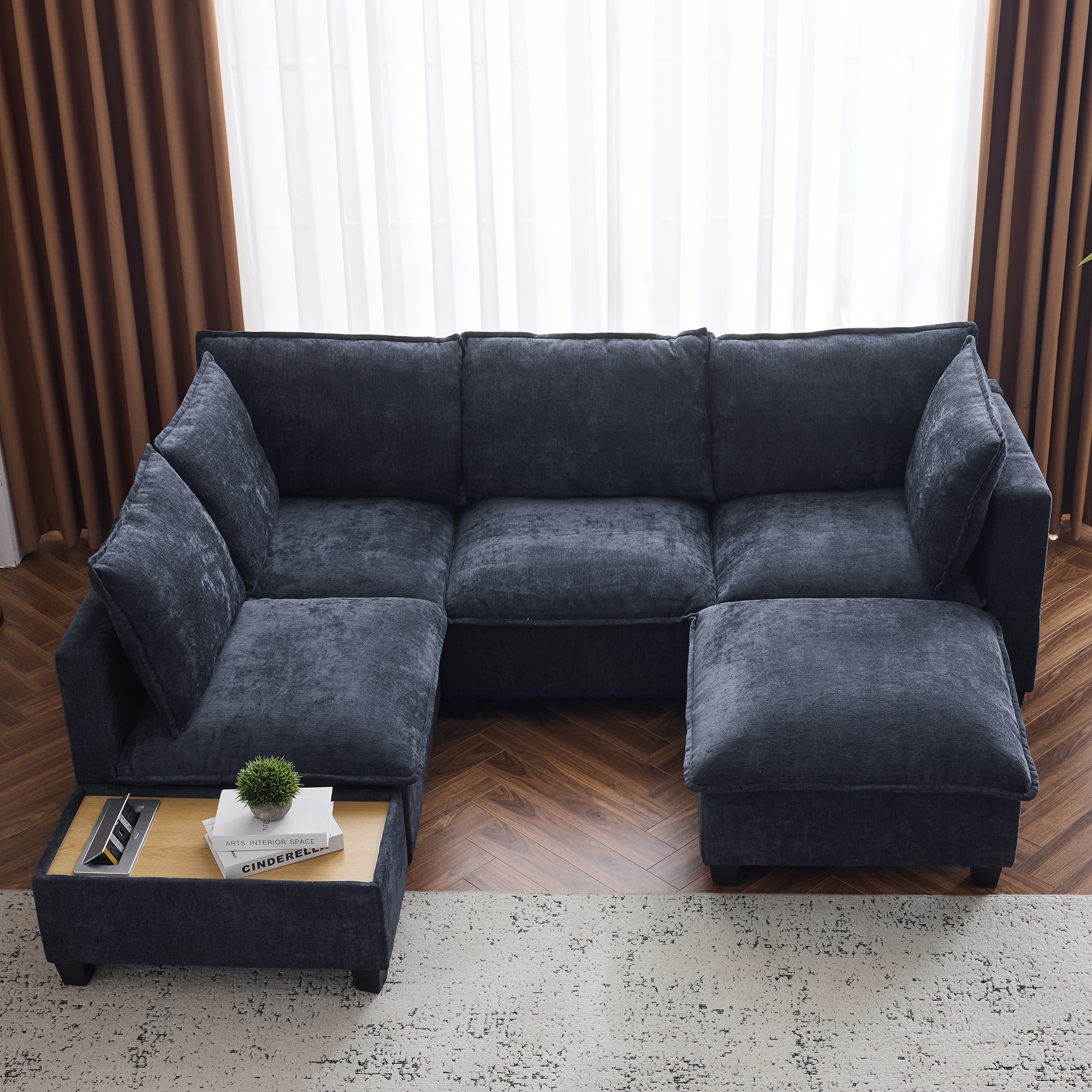 ModernLuxe N719S001780C 90inch Ushaped Sectional Sofa Modular Sofa Couch with a Movable Ottoman a Coffee Table with Hidden Charging Devices for Living RoomBlue