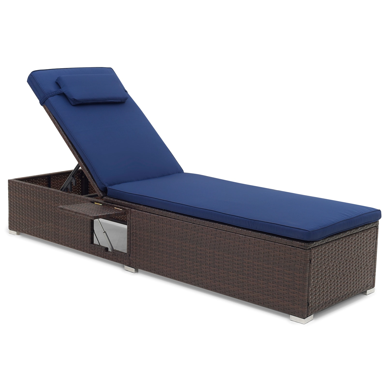 Forclover HBV-W72140NY Outdoor Chaise Lounges Rattan Mix Brown Metal Frame Stationary Chaise Lounge Chair with Blue Cushioned Seat
