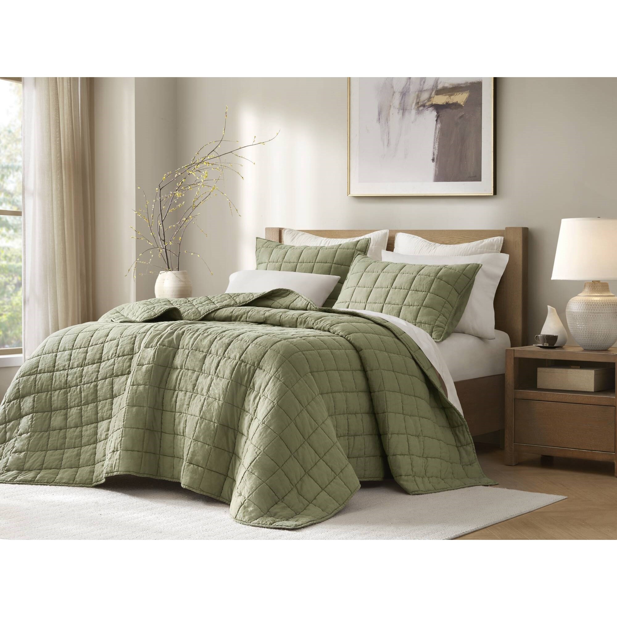Tinyhomie 3-Piece King/Cal King Linen Garment Washed Quilt Set Olive Green