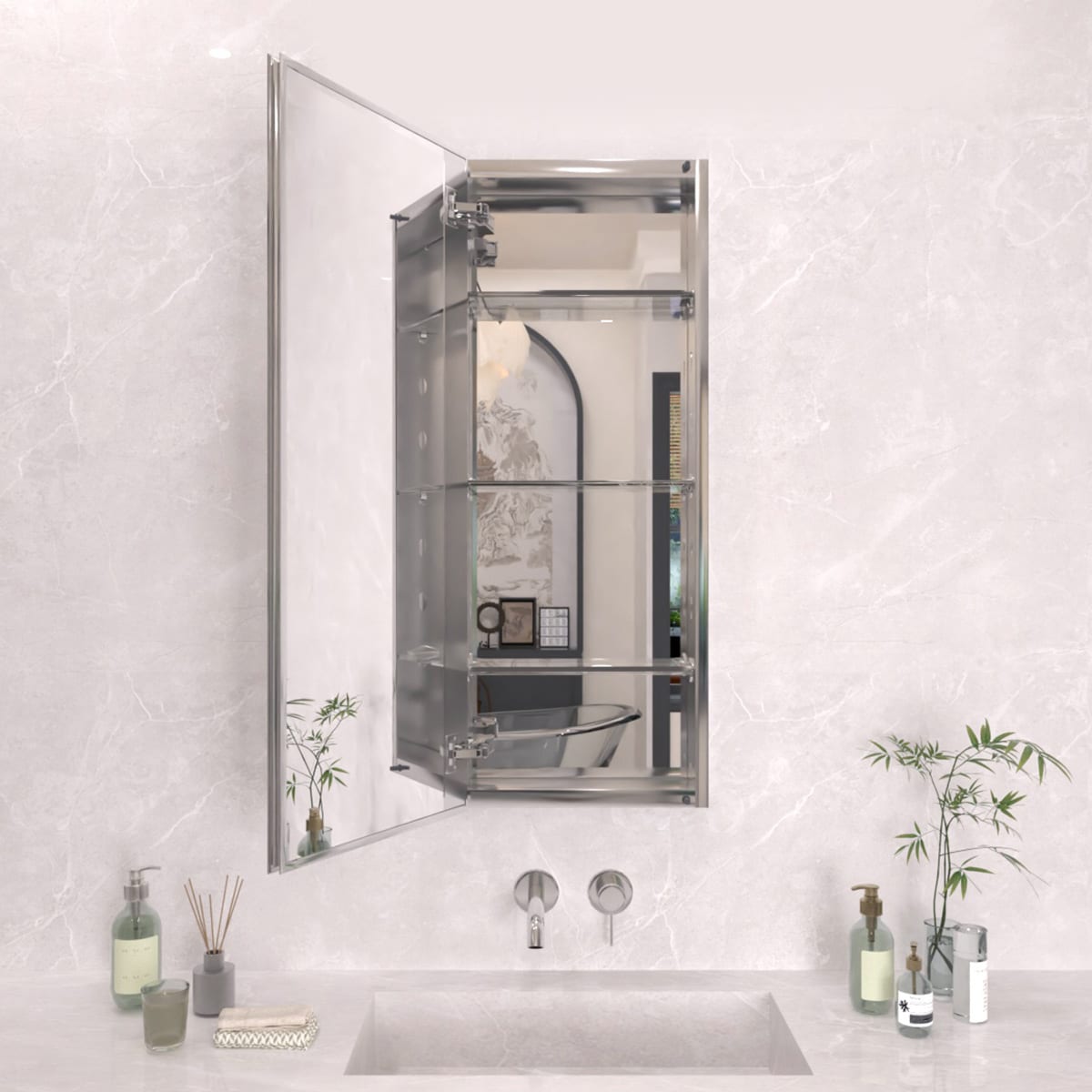TaiMei MCA 15-in x 36-in Surface/Recessed Mount Satin Silver Mirrored Rectangle Soft Close Medicine Cabinet