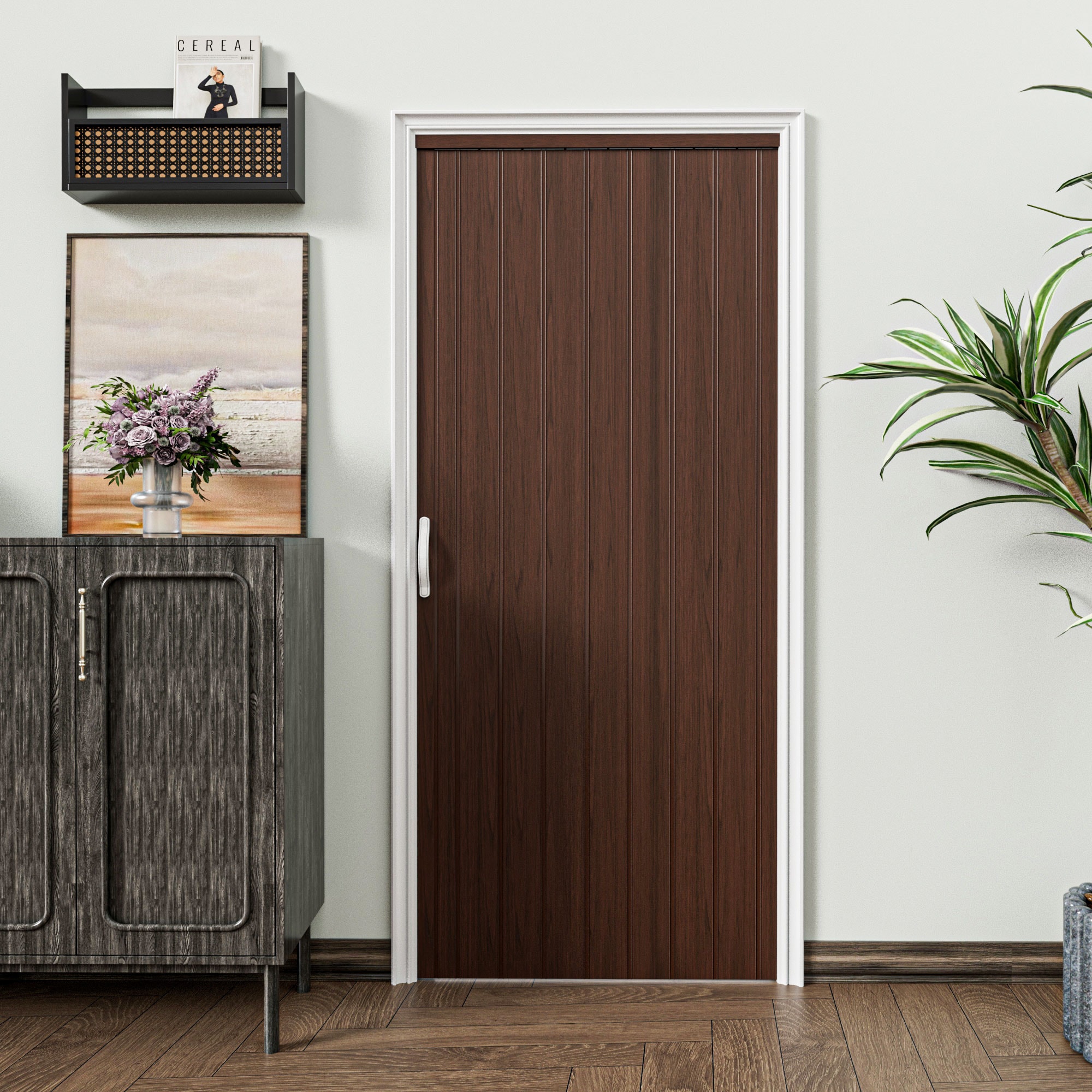 JUJUBON IN-ADFD001-WN Accordion Door 36-in x 80-in Reversible/Universal Handing Walnut Vinyl Accordion Door ( Hardware Included )