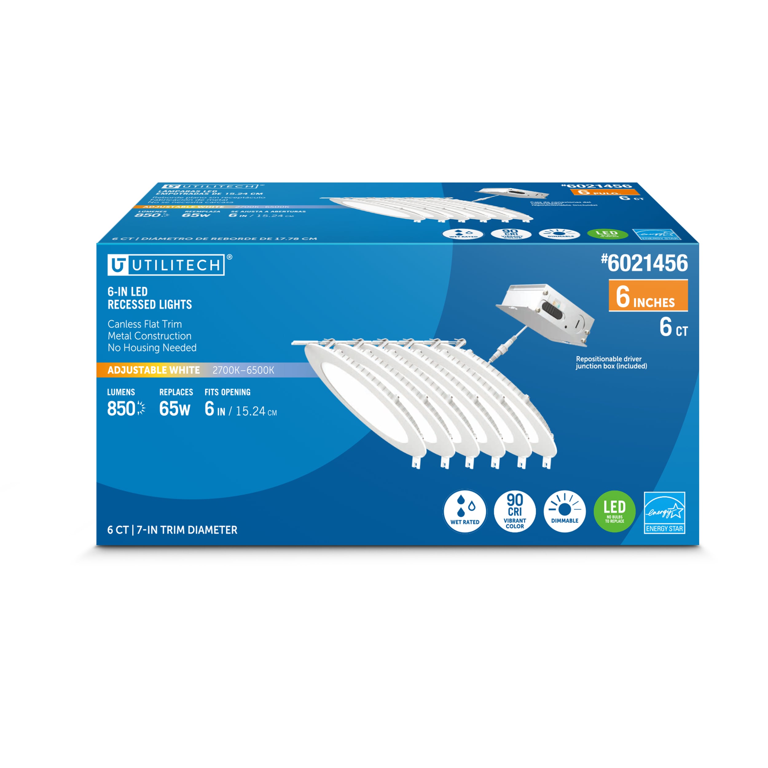 Utilitech LLEDR6XT/5CCTCA/6 White 6-in 850 -Lumens Switchable white Round Dimmable LED Canless Wet rated Recessed Downlight 6 -Pack