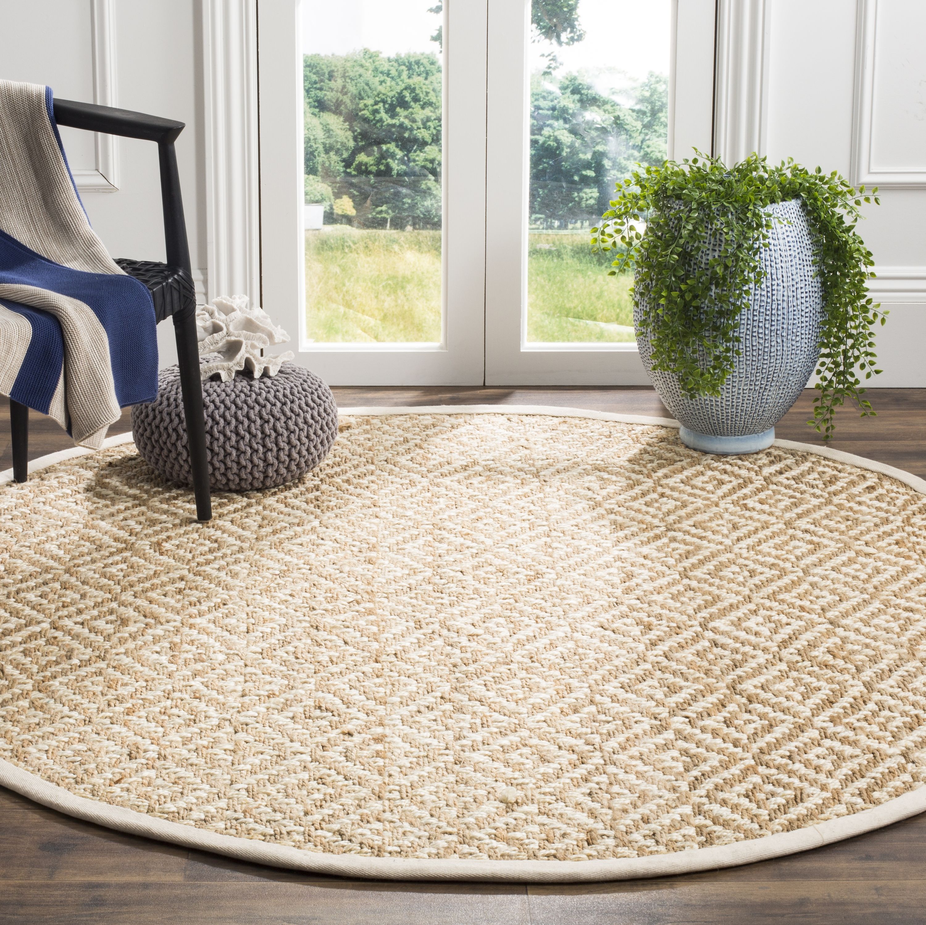 Ivory Geometric Handwoven Jute 6' Square Rug with Non-Slip Backing