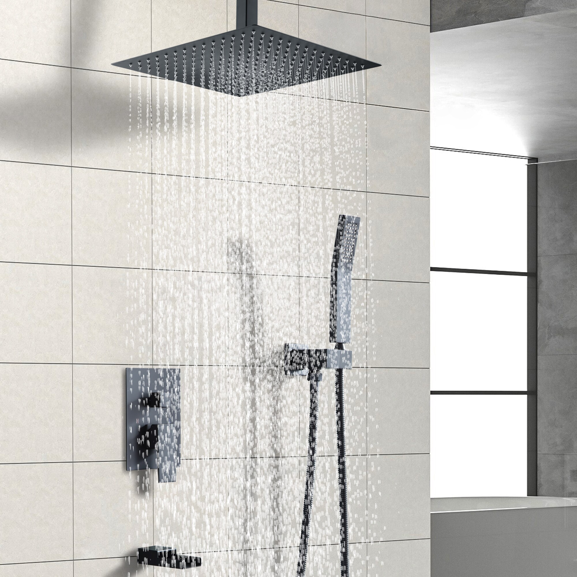 Mondawe Matte Black Waterfall Built-In Shower System With 3-way ...