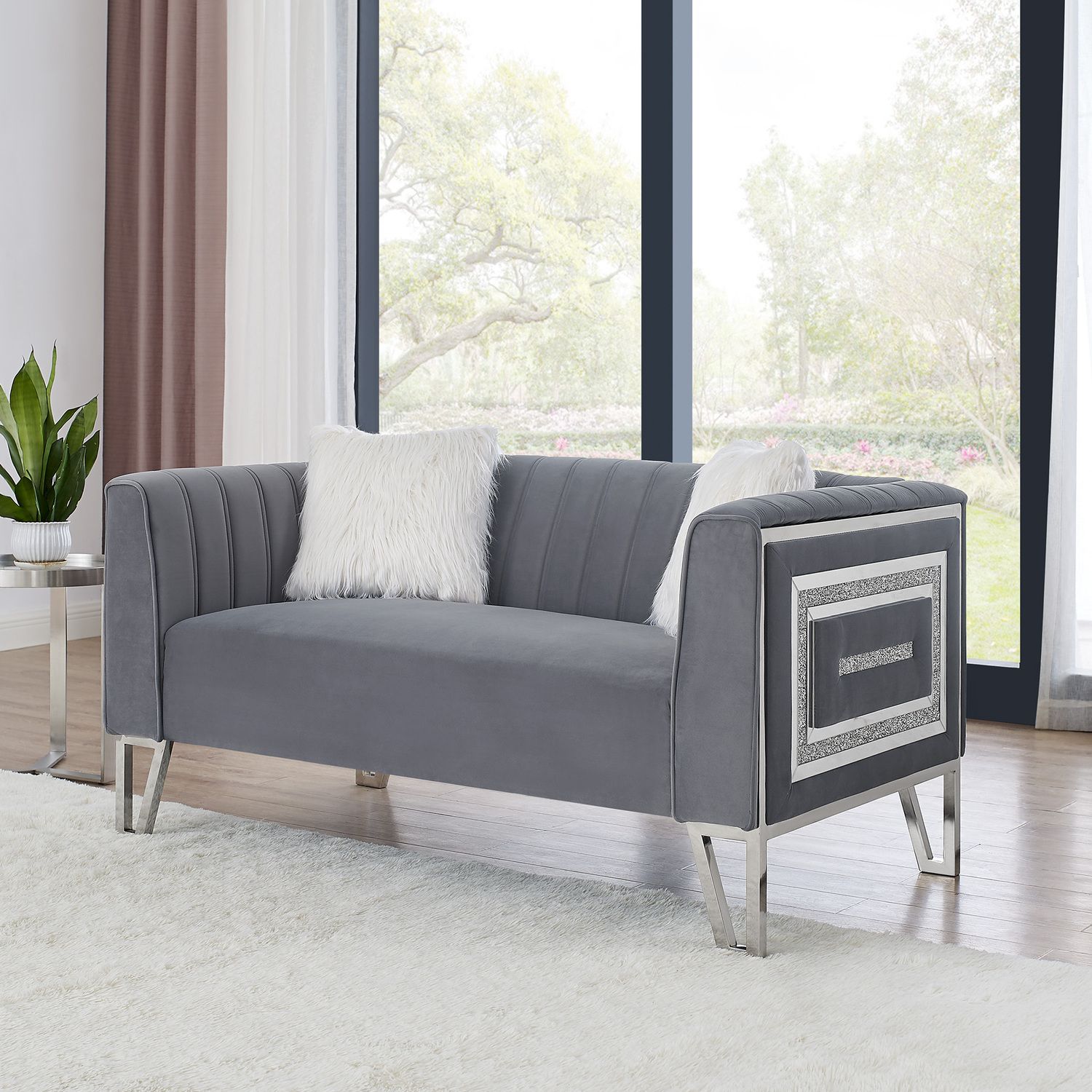 JASMODER W487S00069 Loveseat Sofa With Mirrored Side Trim With Faux Diamonds And Stainless Steel Legs, Two White Villose Pillow, Grey (59.5”Lx32.75”Wx29.5”H)