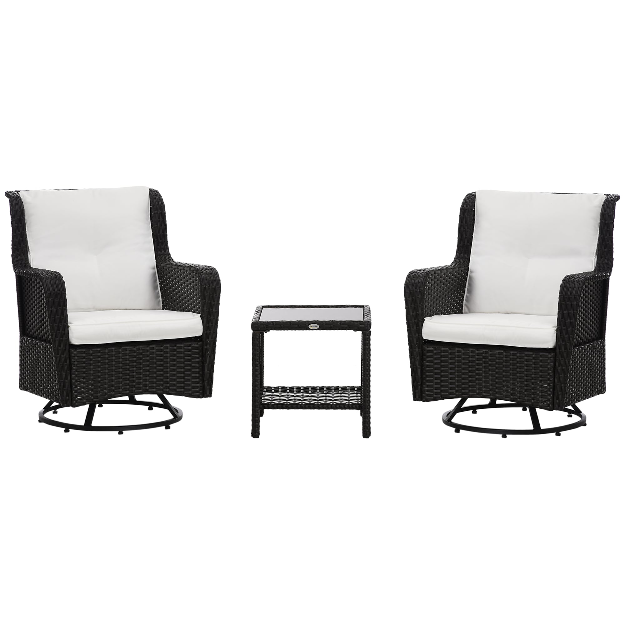 Outsunny 863-113V00DR 3 Pieces Wicker Outdoor Bistro Set Rattan Patio Furniture Set with Glass Coffee Table and Swivel Porch Chairs for Backyard Balcony Garden Cream White