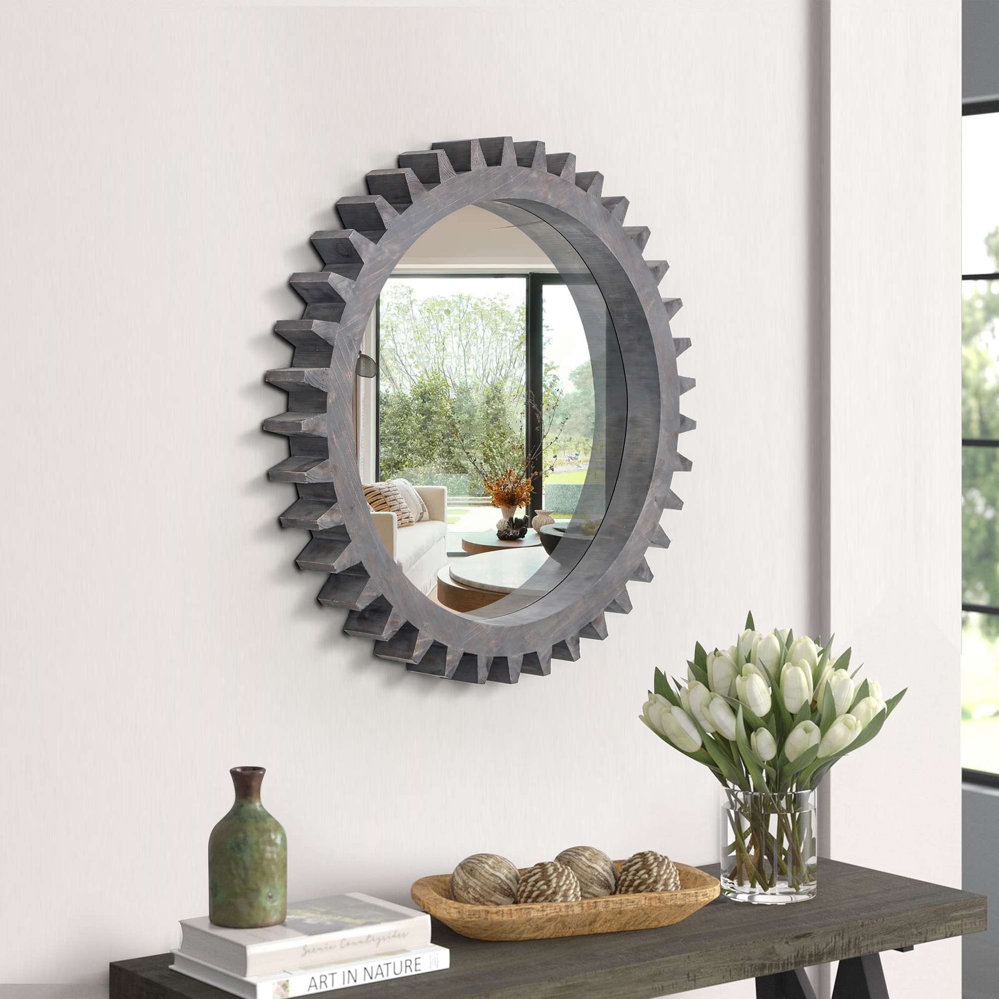SINOFURN SYD240007DG 17-Inches W x 17.0-Inches H Sunburst Brown Framed Wall Mirror