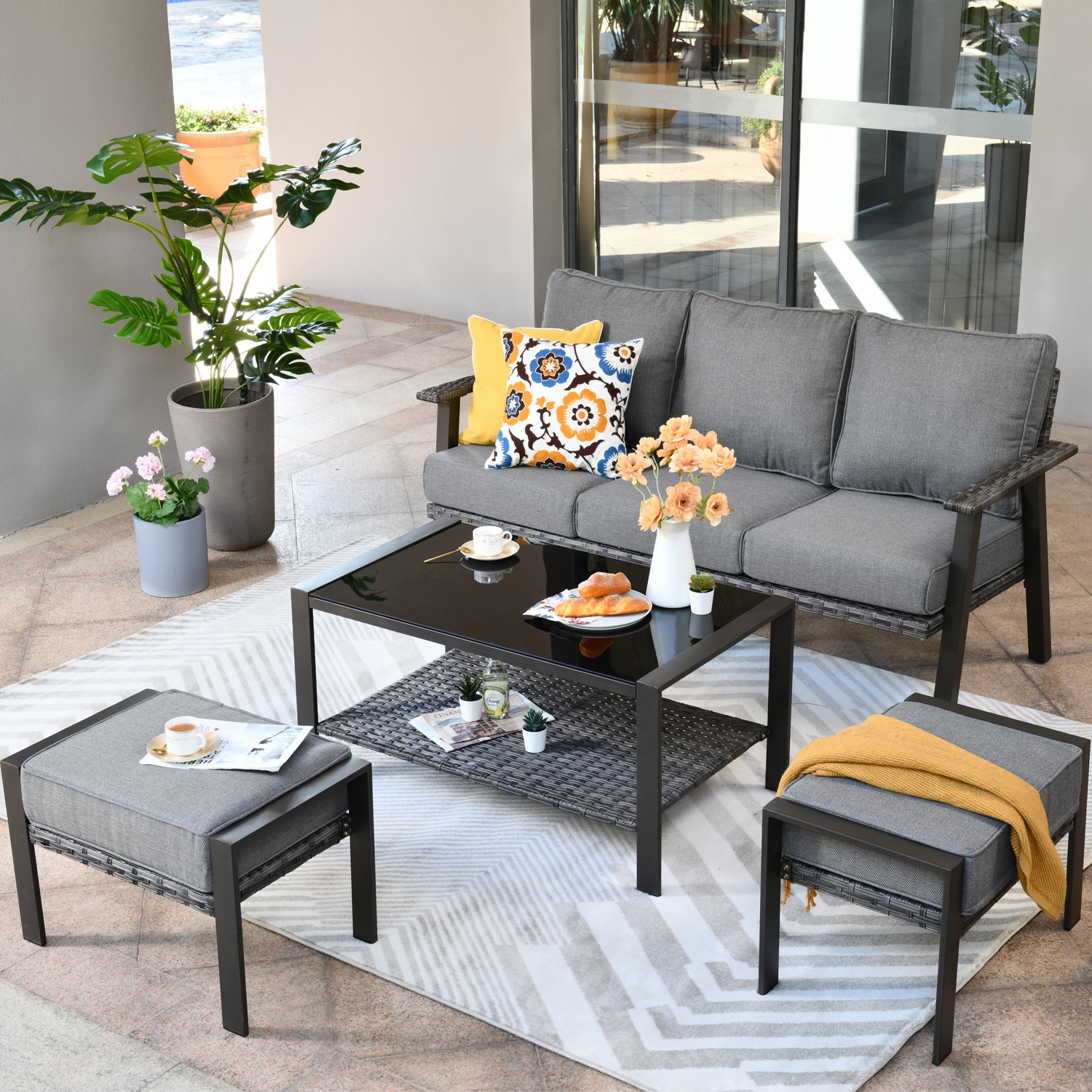 Pouuin SHW20T01A 4 -Piece Rattan Patio Sofa Conversation Set with Gray Cushions