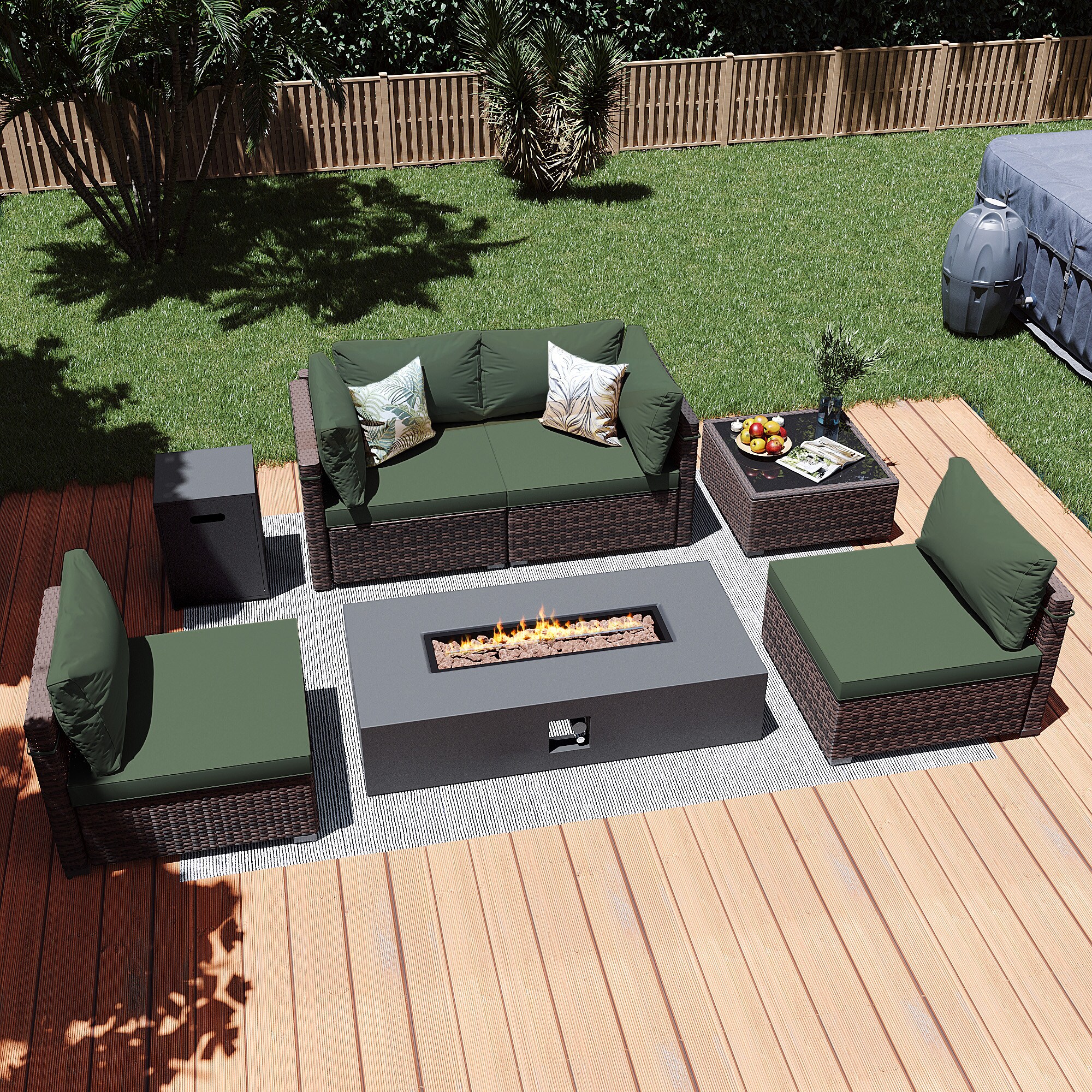 Patio Watcher LS-RT5-KD56DK-B2 6 -Piece Rattan Patio Conversation Set with Green Cushions