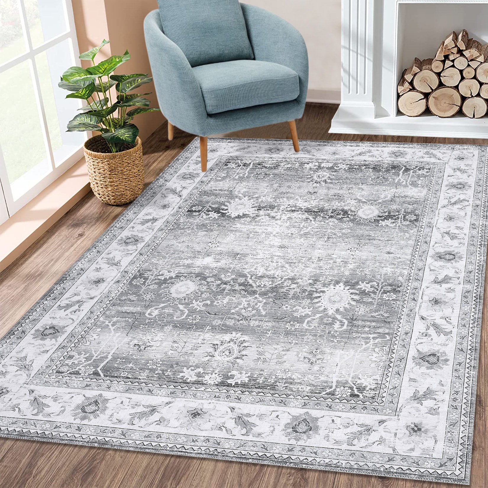 Garvee YXY-LO-PHO-0XT3W44F 9 x 12 (ft) Microfiber Gray Rectangular Indoor Floral/Botanical Vintage Machine washable Area rug