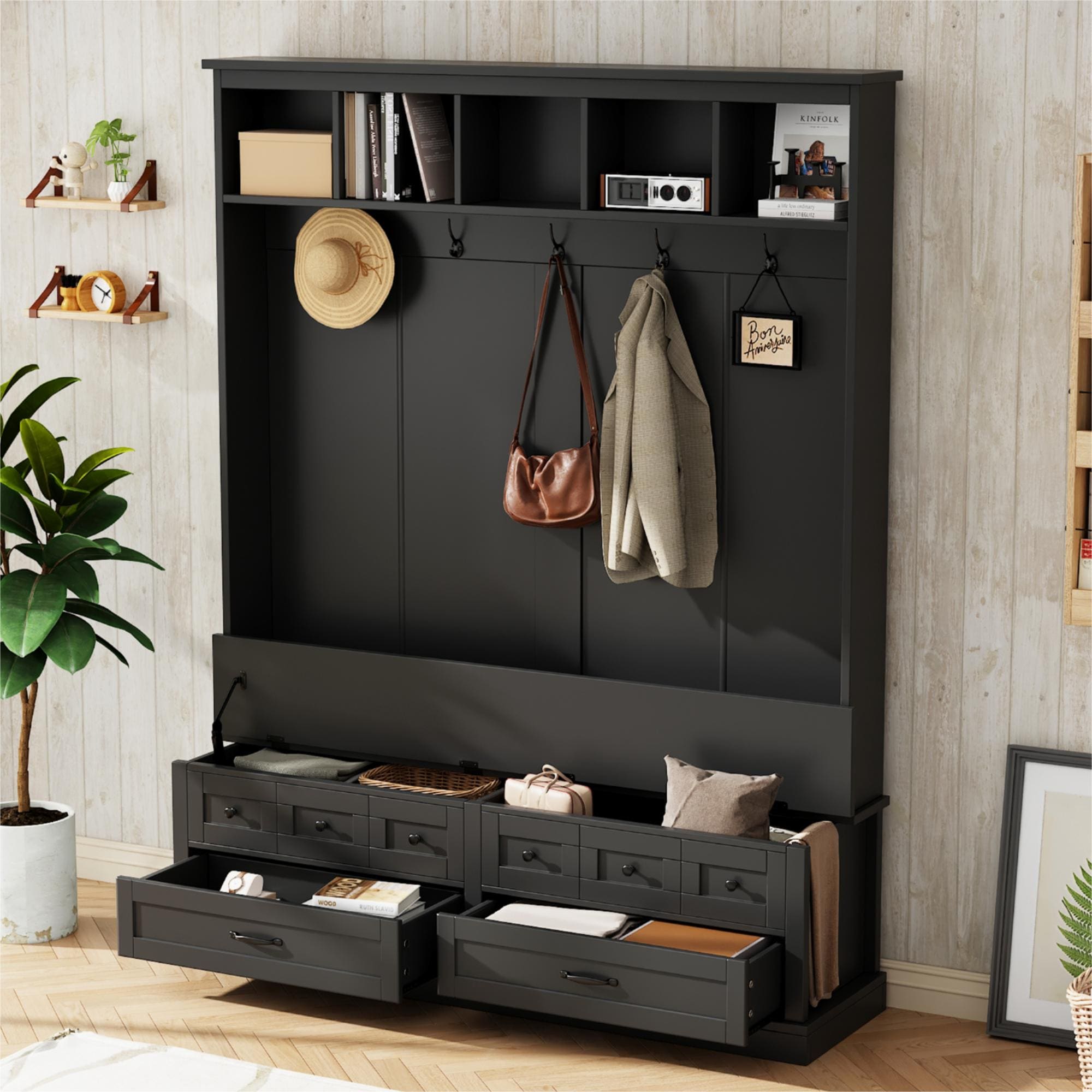 ModernLuxe N721P234409B Elegant Wide Hall Tree with 5 HooksVersatile Entryway Lift Top Storage Bench with 2 DrawersRetro Wooden 3in1 Coat Rack with Black Handles for MudroomLiving RoomBlack