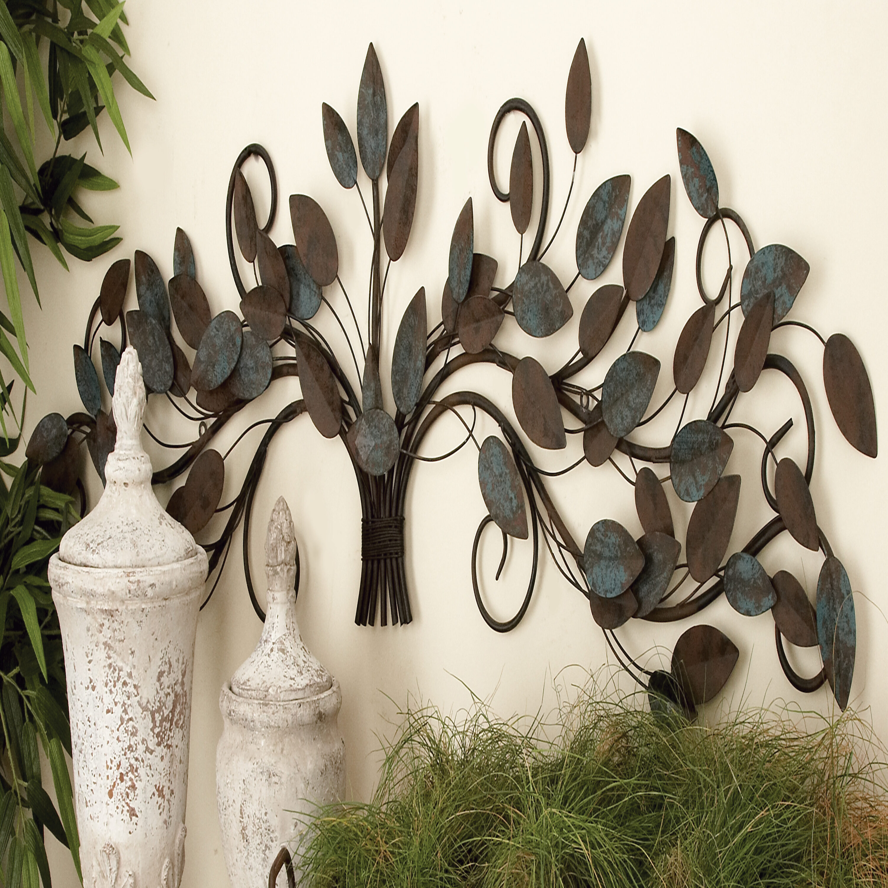 Grayson Lane 63280 51-Inches W x 16-Inches H Metal Leaf with Beaded Accents Floral Wall sculpture