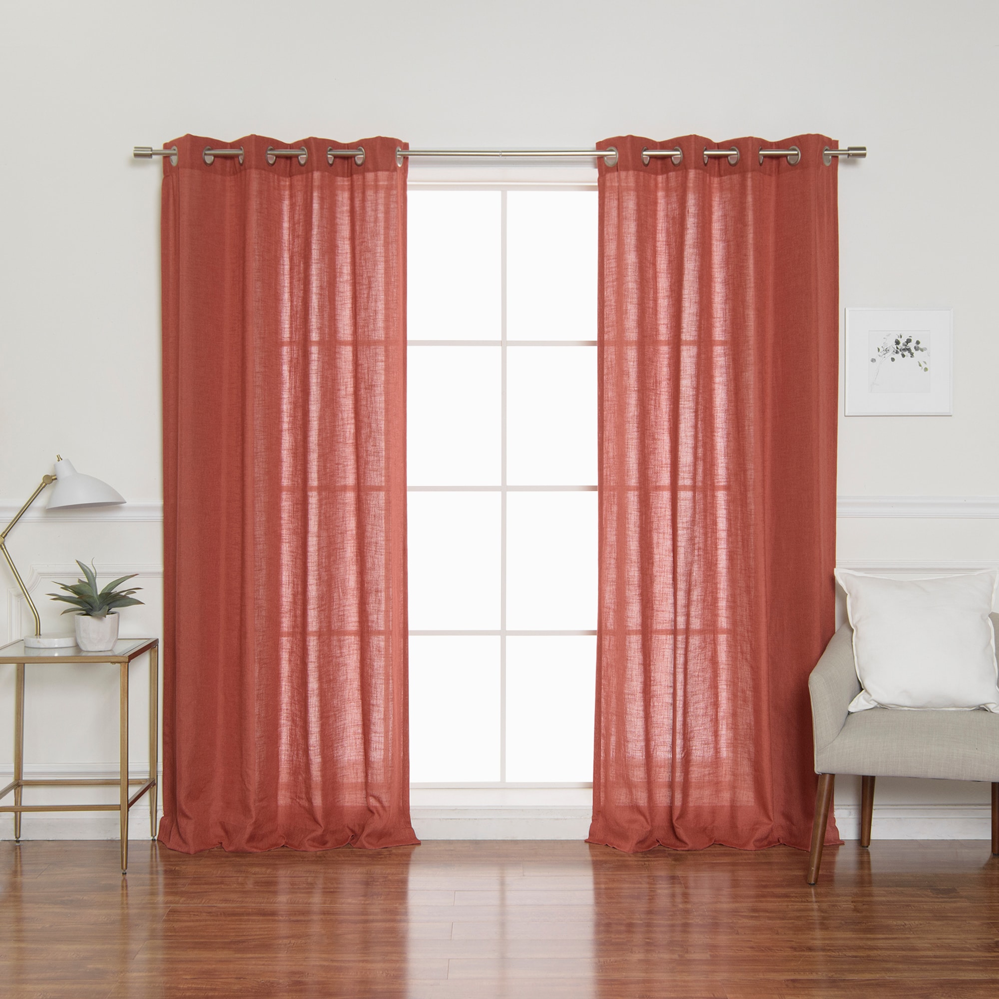 Best Home Fashion JC-GR-FAUXLIN-96-TRD 96-in Terra Red Semi-sheer Grommet Curtain panel pair