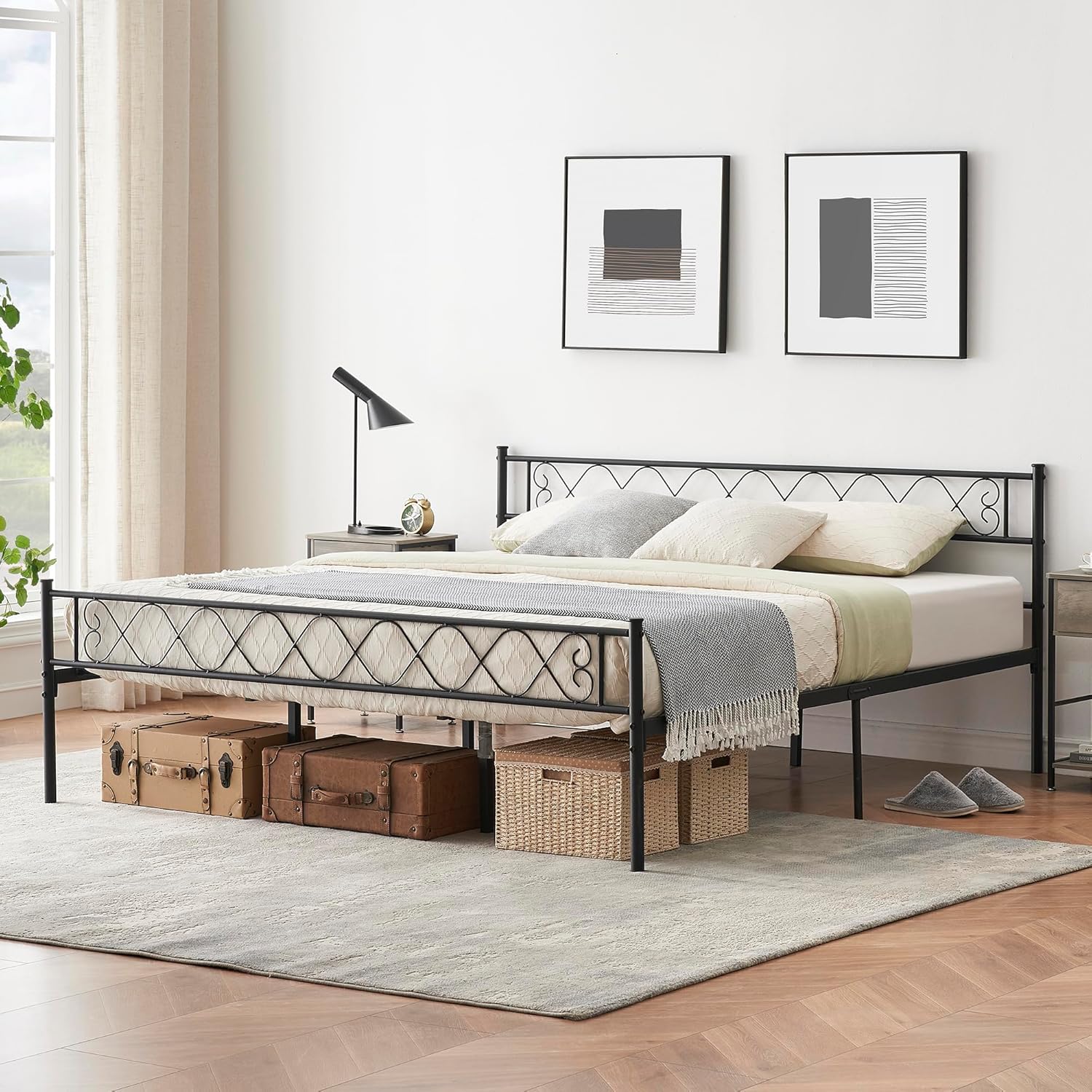 Garvee King Bed Frame with Headborad Footboard King Size Sturdy Metal Platform Bed Frame with Iron-Art Sweet Heart No Box Spring Needed Under Bed Storage Black King