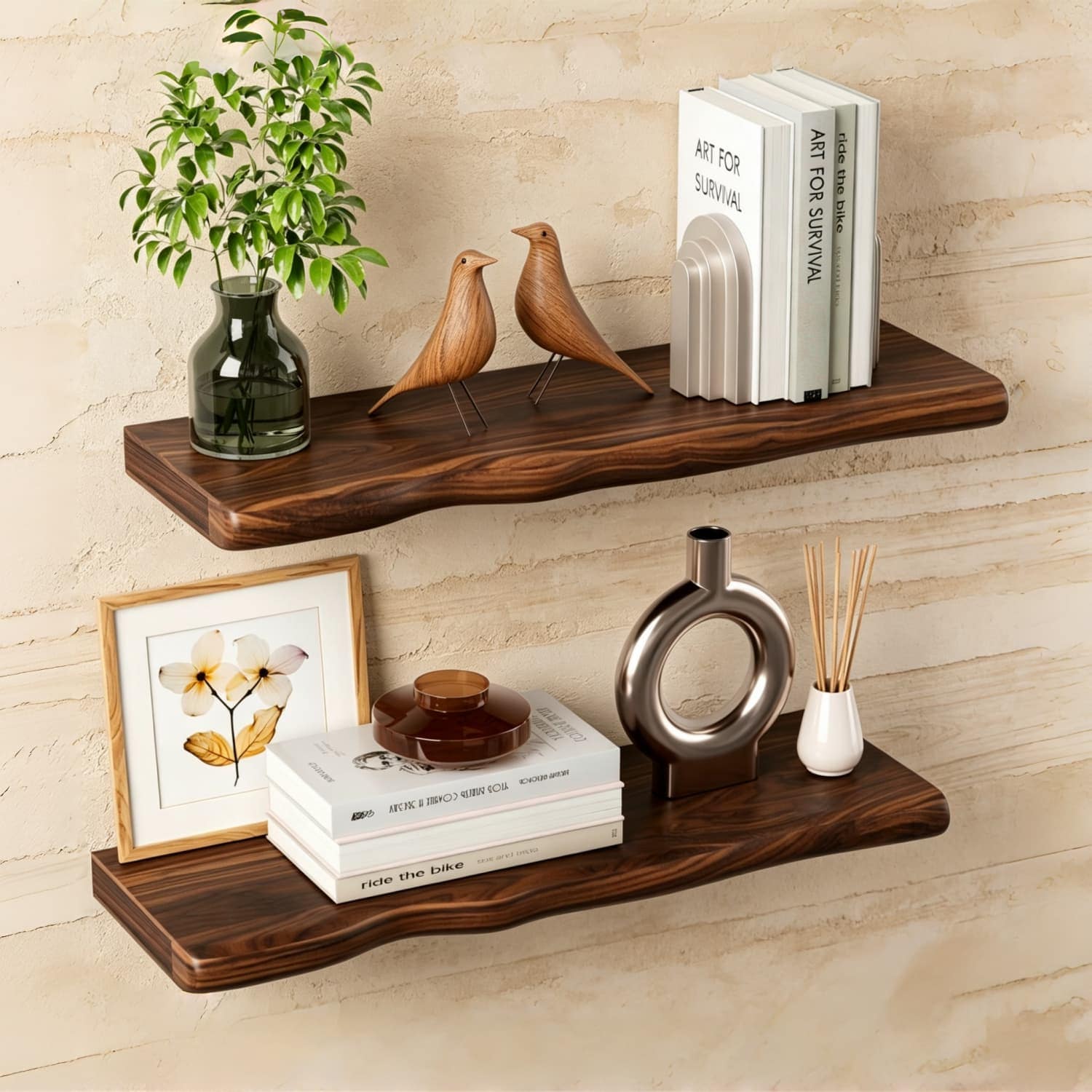 OGETFUUR 2-Pack Floating Shelves 24x8x1.4-inch Walnut Finish Jointed Solid Pine Wavy Edge Hidden Brackets 40-lb Moisture-resistant and Wooden Shelf for Living Room Bathroom Kitchen
