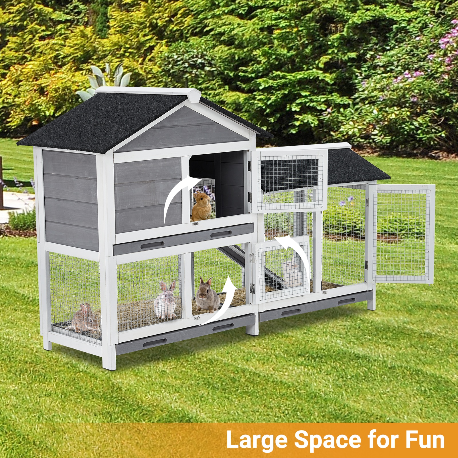 Assile Black and White Outdoor Wooden Rabbit Hutch Cage with Wire Mesh ...
