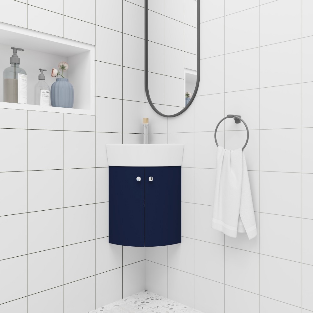 Basdien 12 in Navy Blue Modern Floating Compact Corner Wall Mounted Bathroom Vanity with Ceramic Sink Soft Close Doors with Shelf Plywood Cabinet Moisture Resistant Scratch Resistant Melamine Surface Easy Assembly Sets for Small Bathroom Space