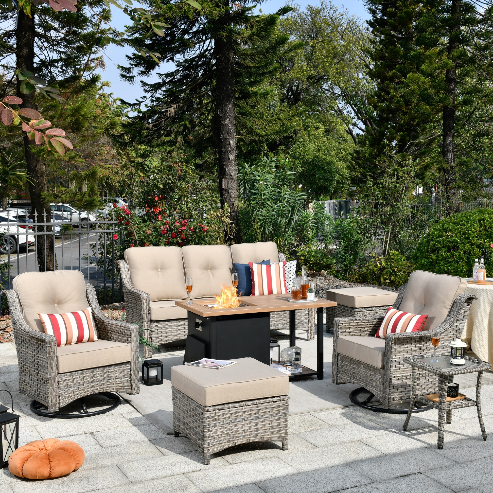 Ovios RFP11PD6-6Y 7 -Piece Wicker Patio Sofa Conversation Set with Beige Cushions