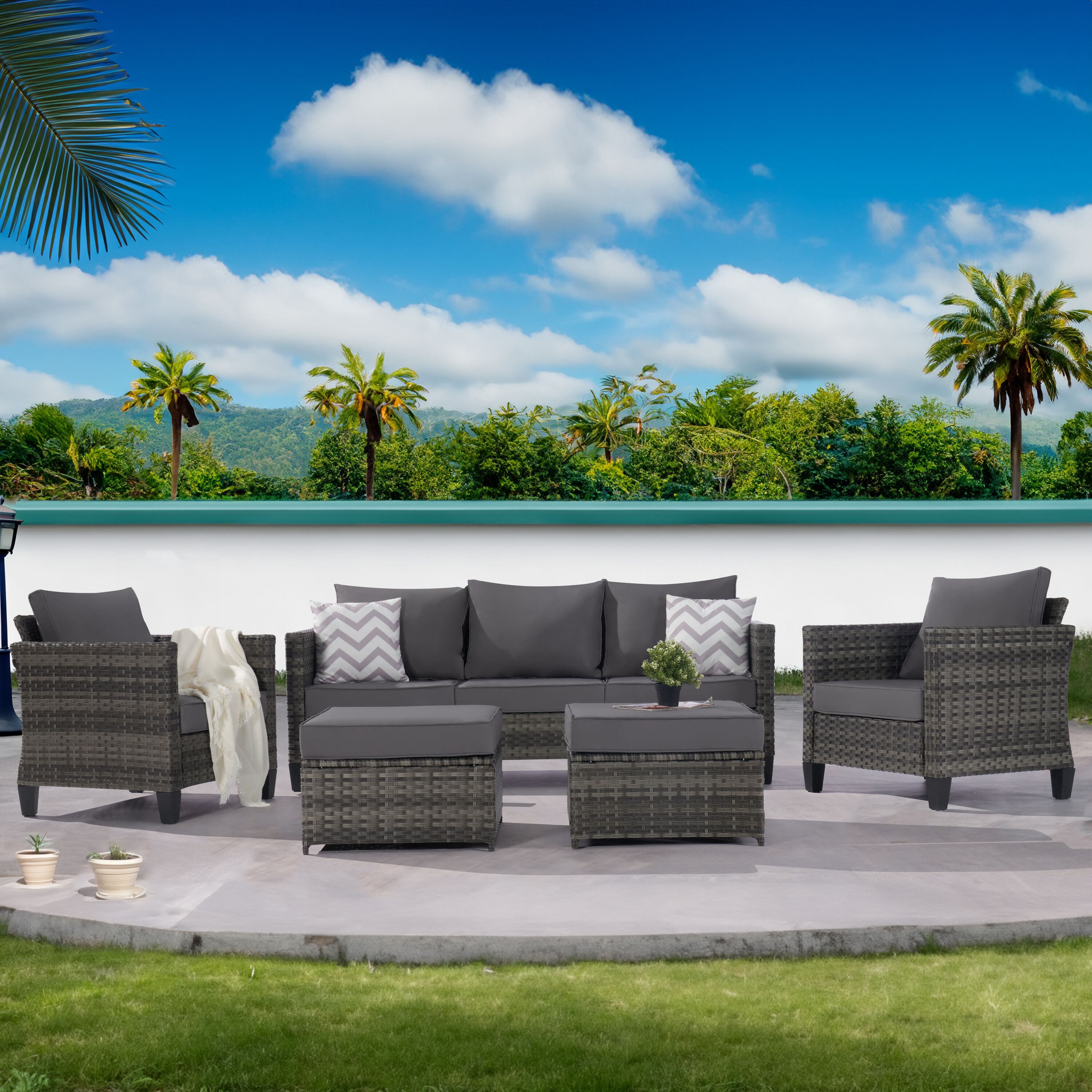 SANSTAR 10-Piece Wicker Patio Conversation Set with Gray Cushions 