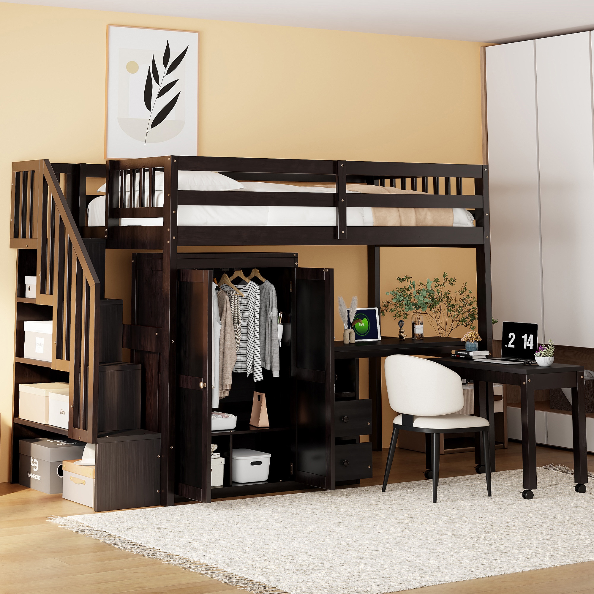 ModernLuxe N708S00013P Twin Size Loft Bed with Stairs Bookshelf Drawers Desk  Wardrobe – SpaceSaving Multifunctional Furniture for Kids  TeensEspresso