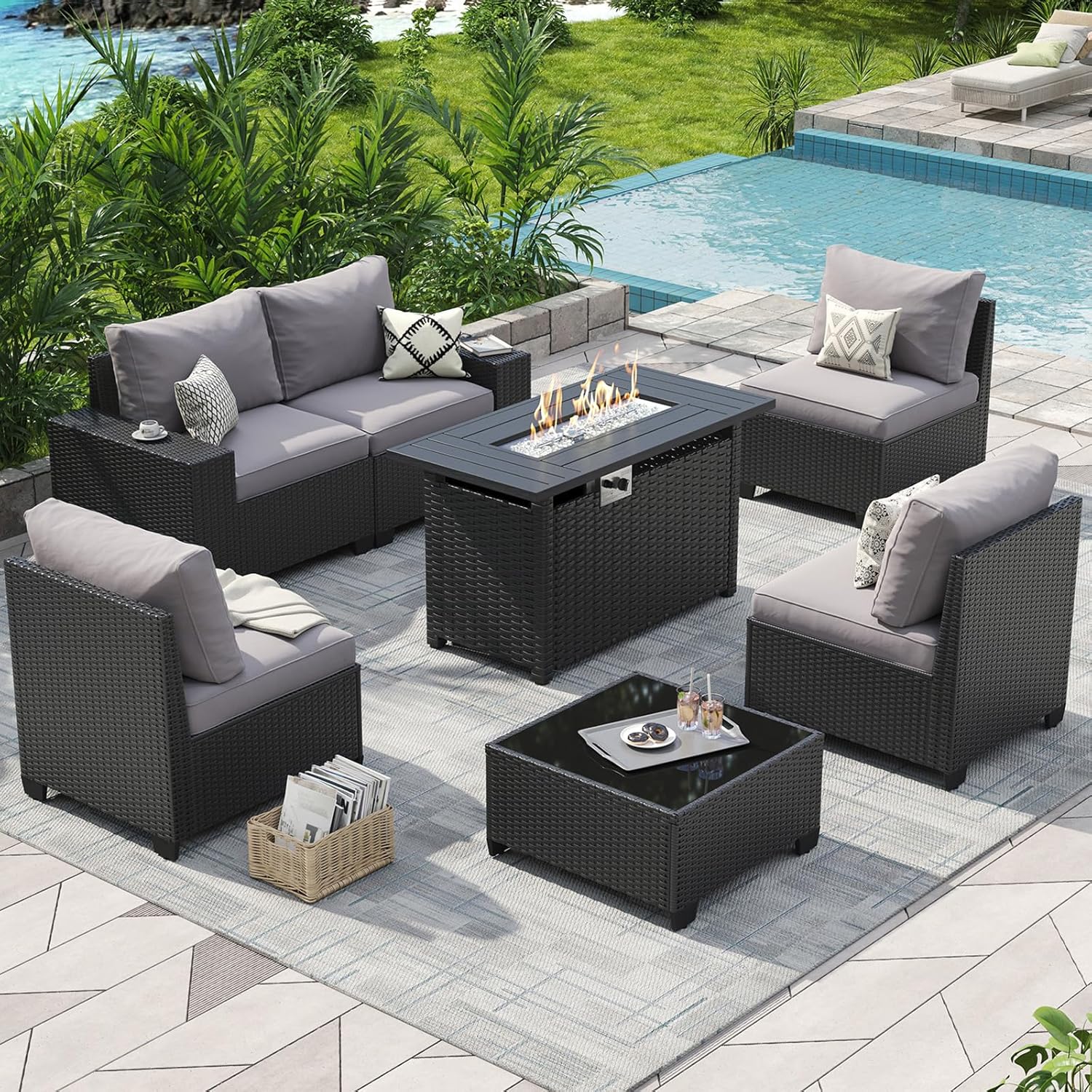 AOXUN PA-039BK04 Patio Conversation Sets 7 -Piece Wicker Patio Sofa Conversation Set with Gray Cushions