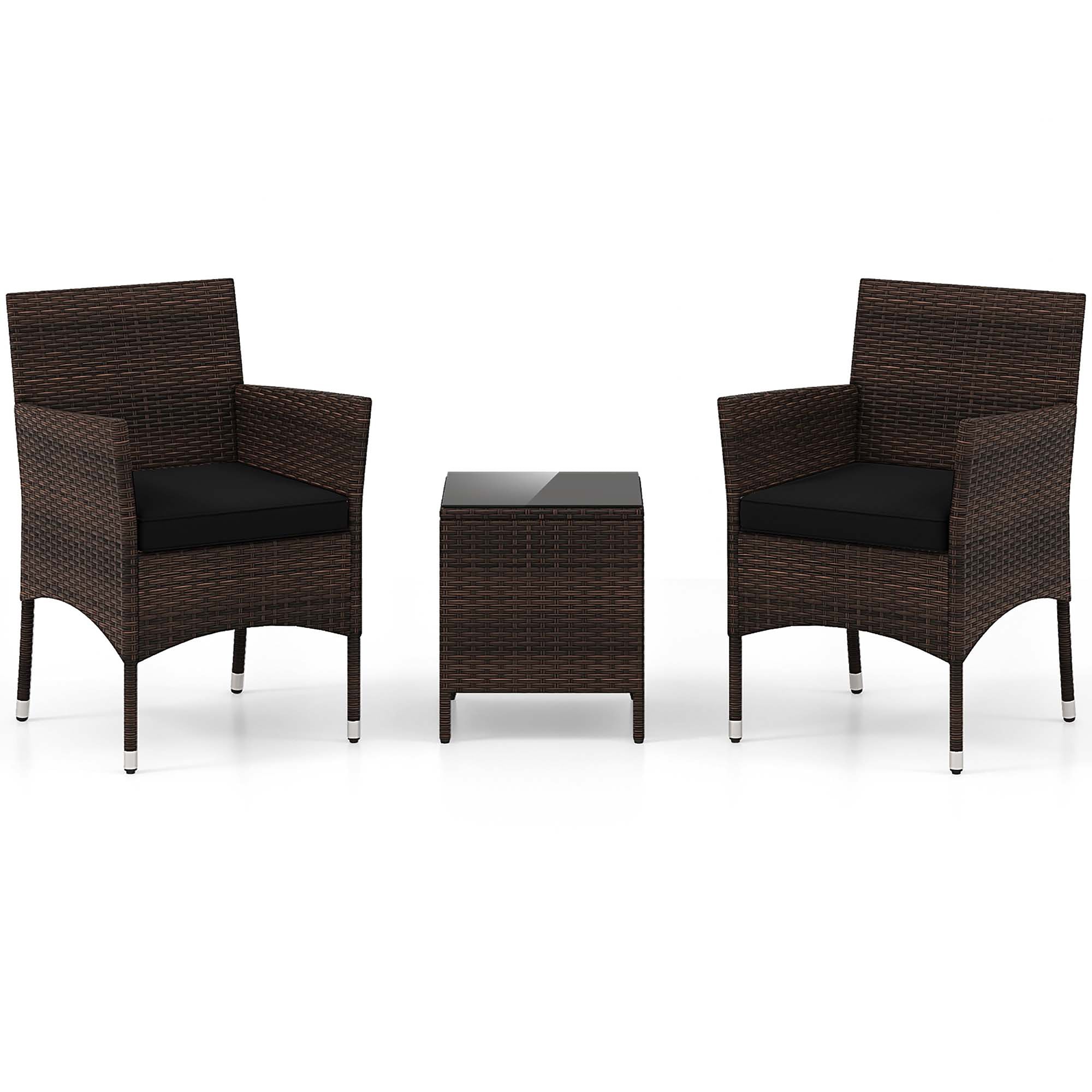Costway HCST05247 3 -Piece Rattan Patio Conversation Set with Black Cushions
