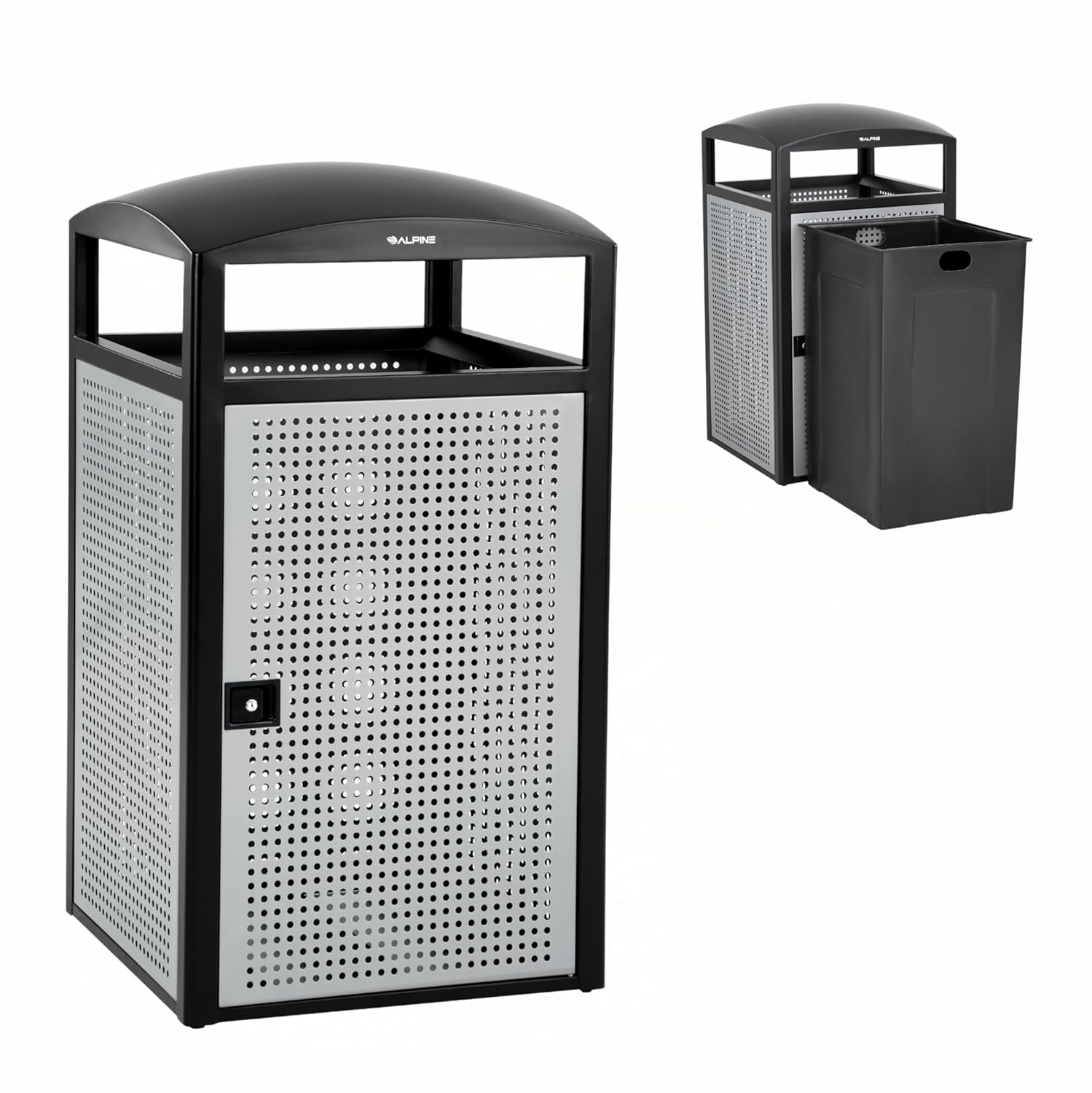 Alpine Industries - 55 Gallon Silver Steel Outdoor Hinged Lid Trash Can